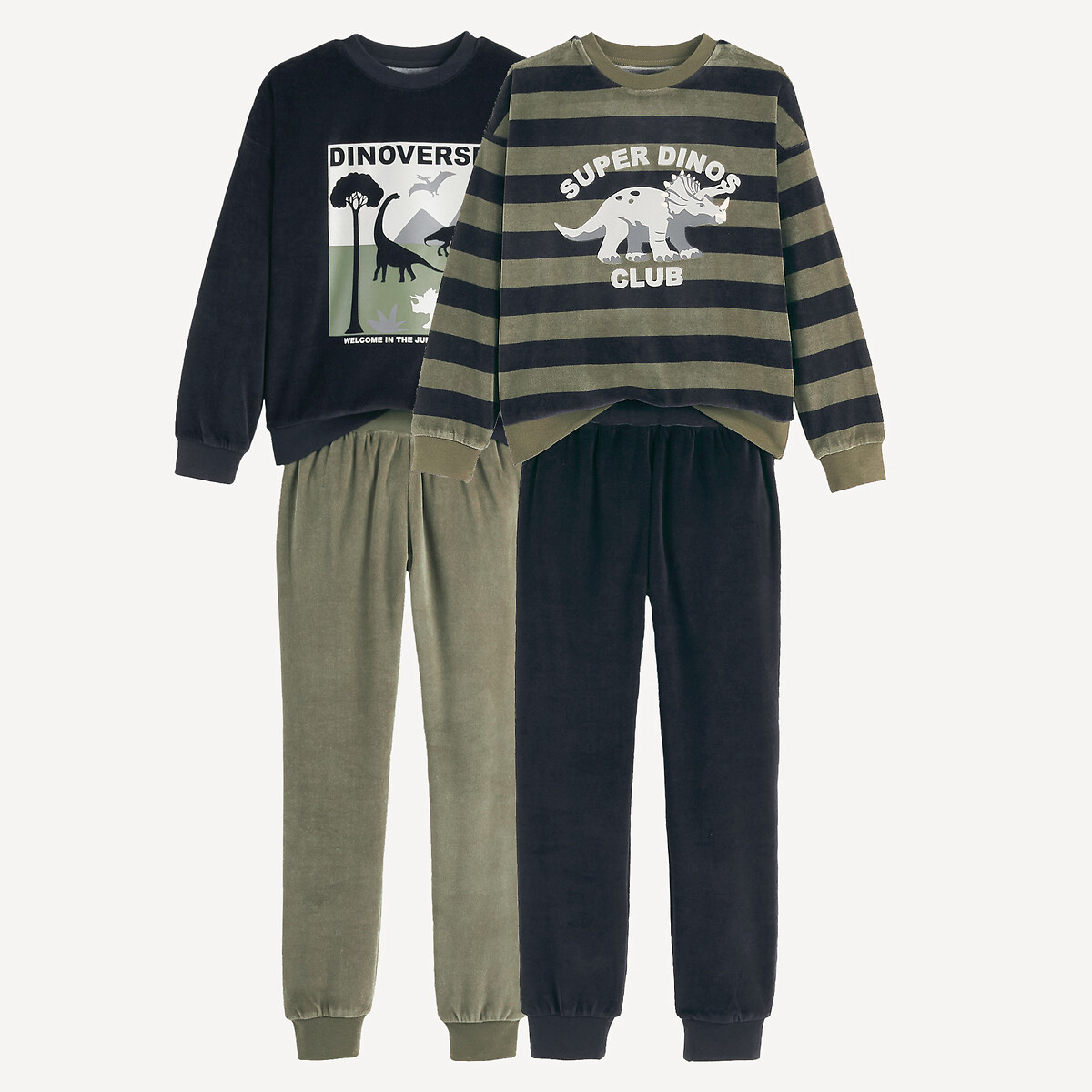 Lot de 2 pyjamas velours, motifs dinosaures vert kaki + noir, LA REDOUTE COLLECTIONS