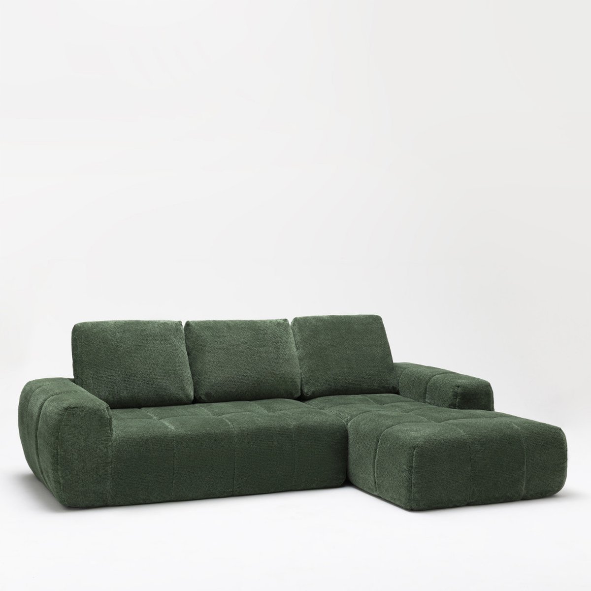 Canapé d'angle droit compressé 3,5 places en tissu- LOUIS vert, DRAWER