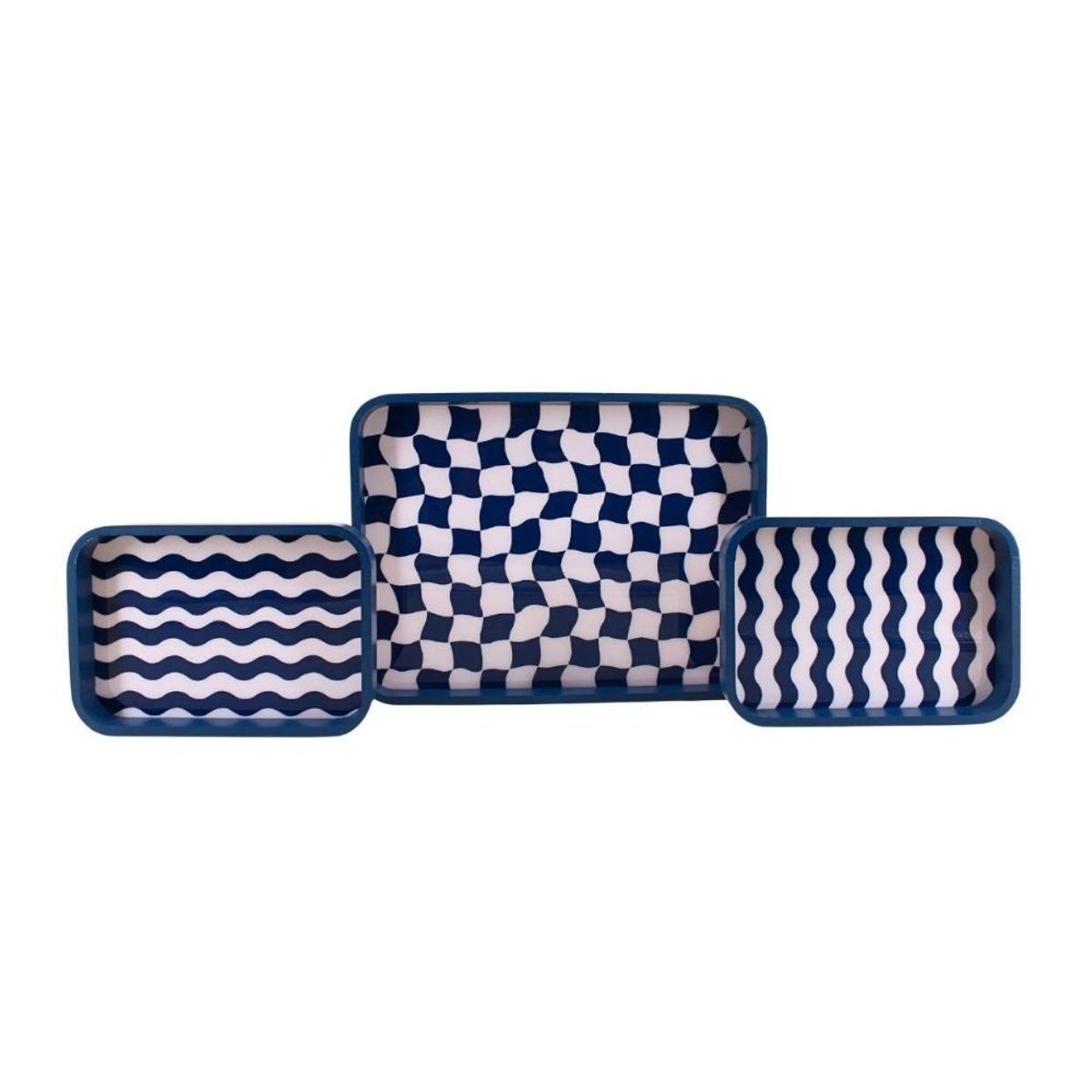 Set de 3 plateaux damiers et rayures bleu et blanc bleu, ORNAMI