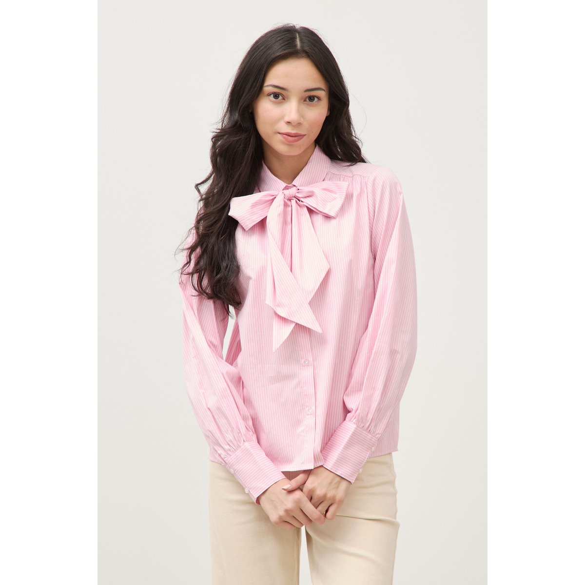 Chemise droite col noeud manches longues rose poudrée, BONOBO