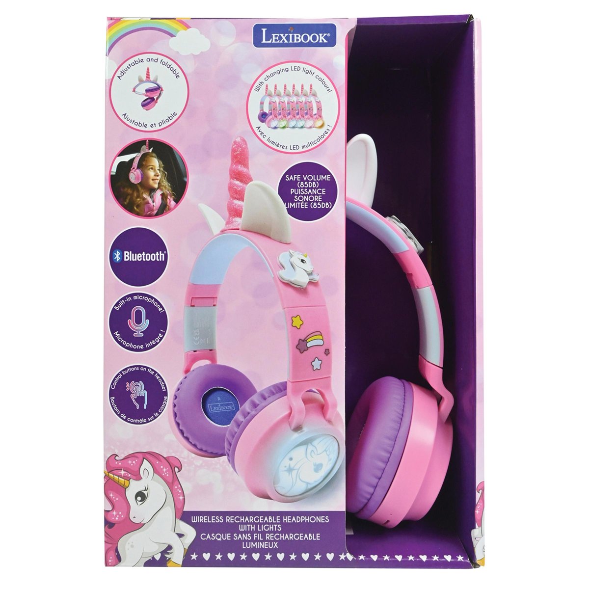 Casque lumineux pliable Bluetooth et filaire Licorne avec limitation du volume rose, LEXIBOOK