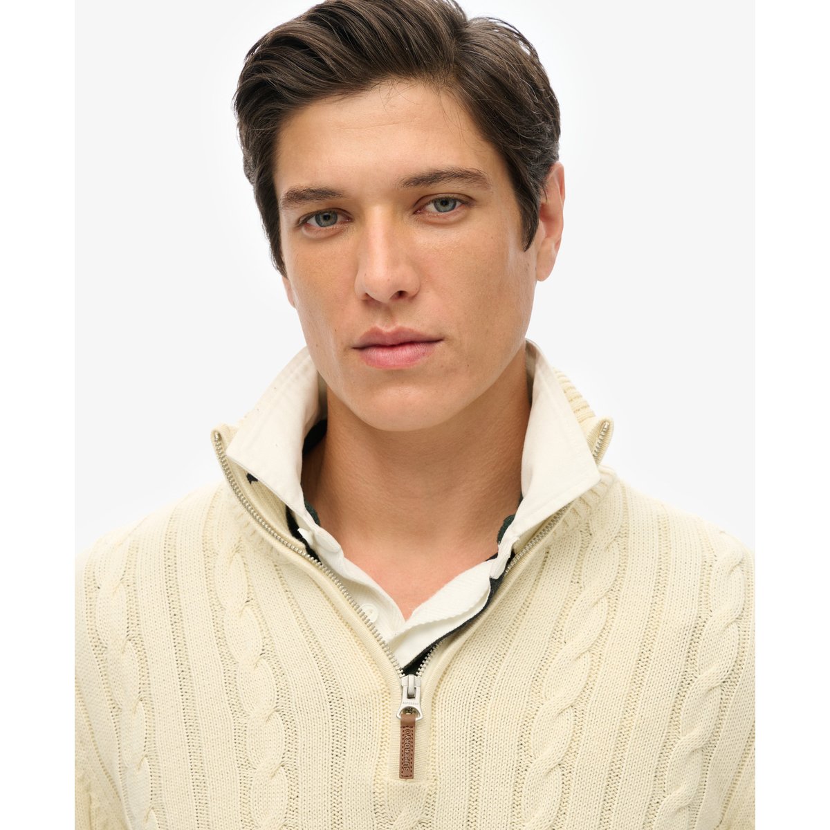 Pull Preppy Cotton Cable Half Zip coupe ajustée crème, SUPERDRY