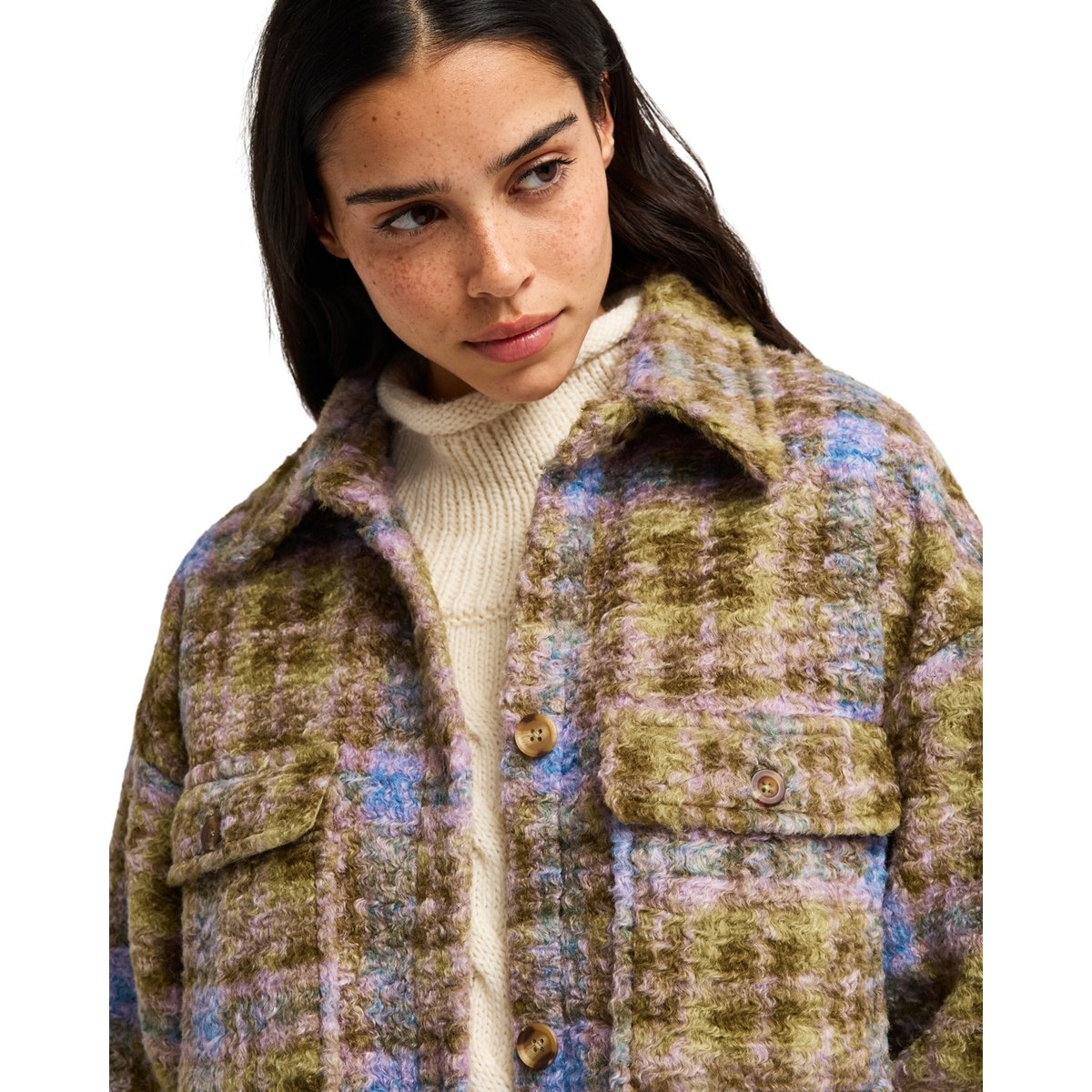 Veste polaire à carreaux OVER AND ABOVE. vert oil green tartan plaid, ROXY