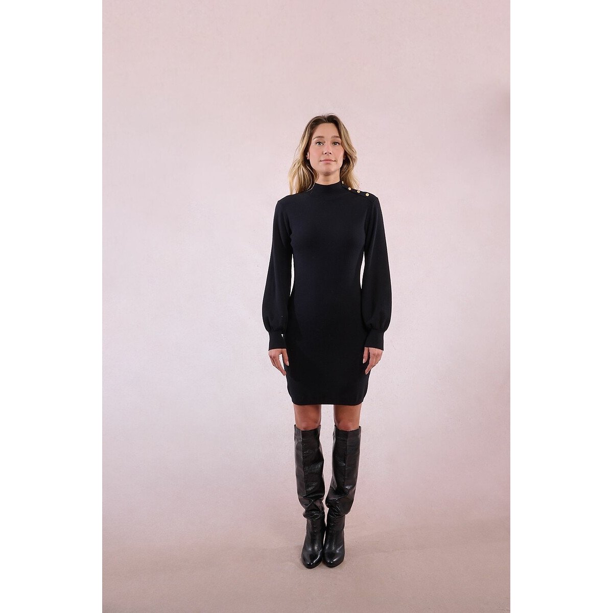 Knitted Jumper Dress with Balloon Sleeves black, MOLLY BRACKEN