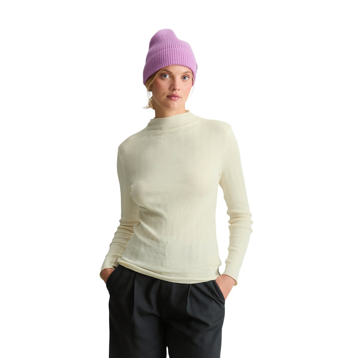 T-shirt à manches longues côtelé, coupe ajustée en jersey de coton extensible blanc, MARC O’POLO DENIM