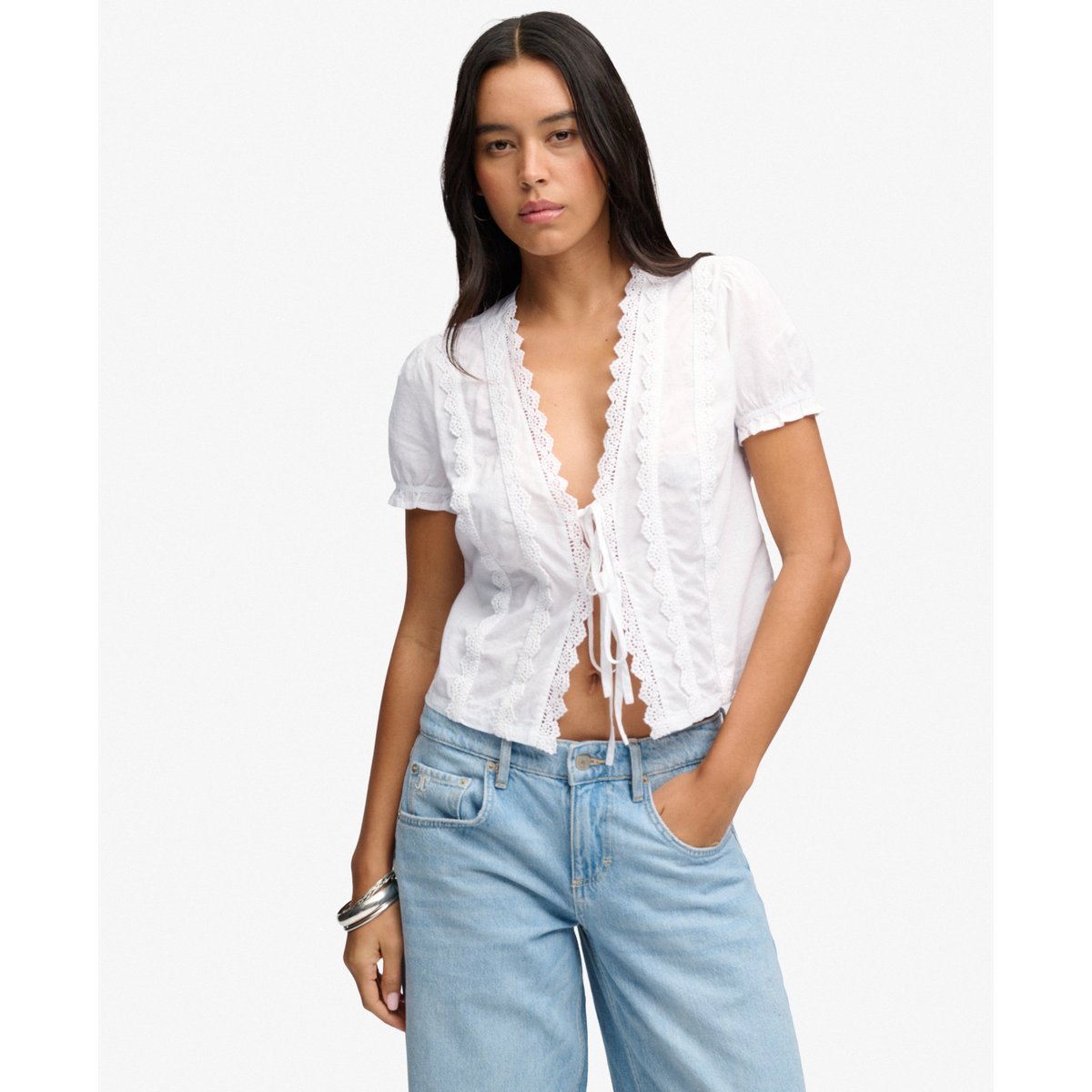 Blouse à Liens avec Bordure en Dentelle optic, SUPERDRY
