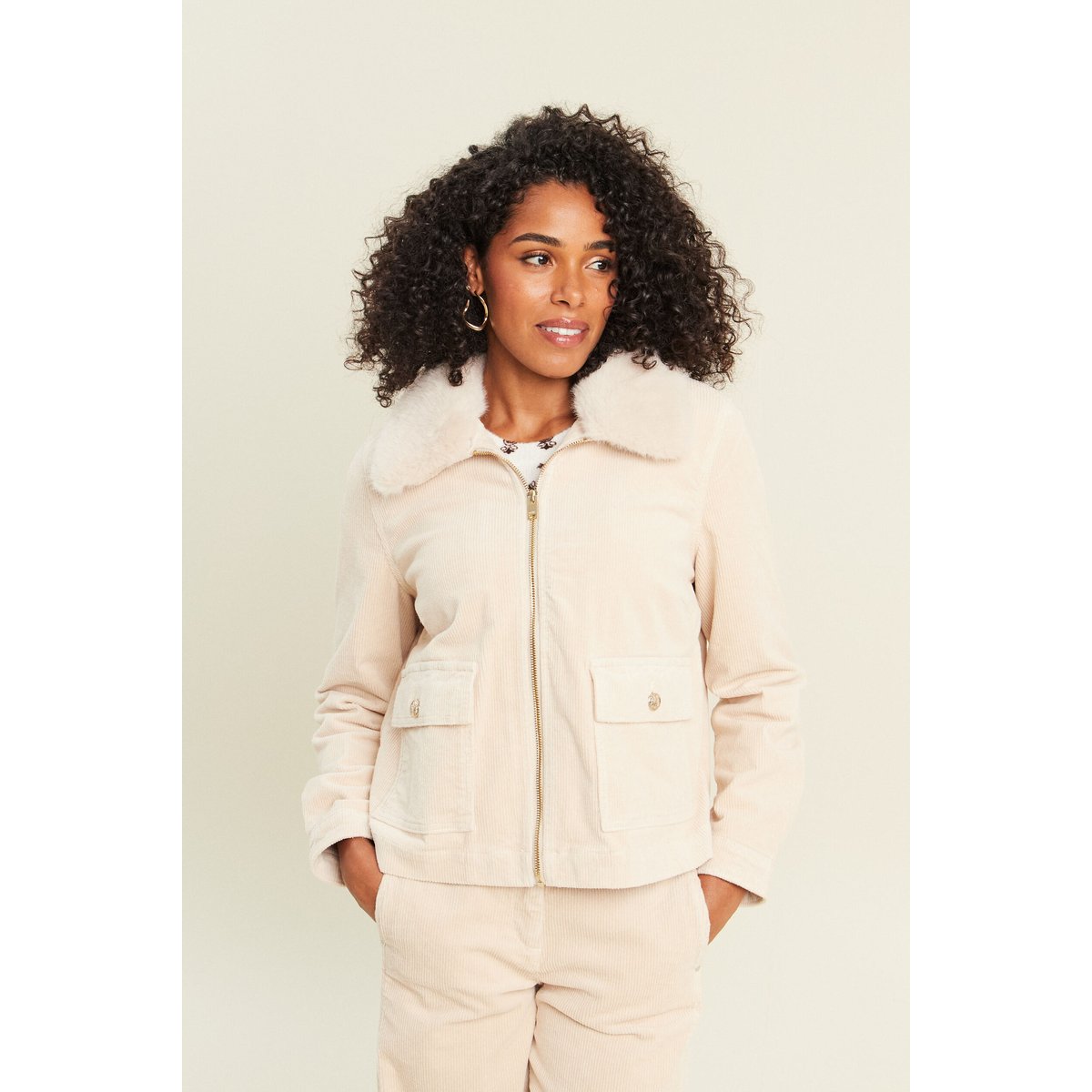 Blouson droit velours manches longues sable, BREAL