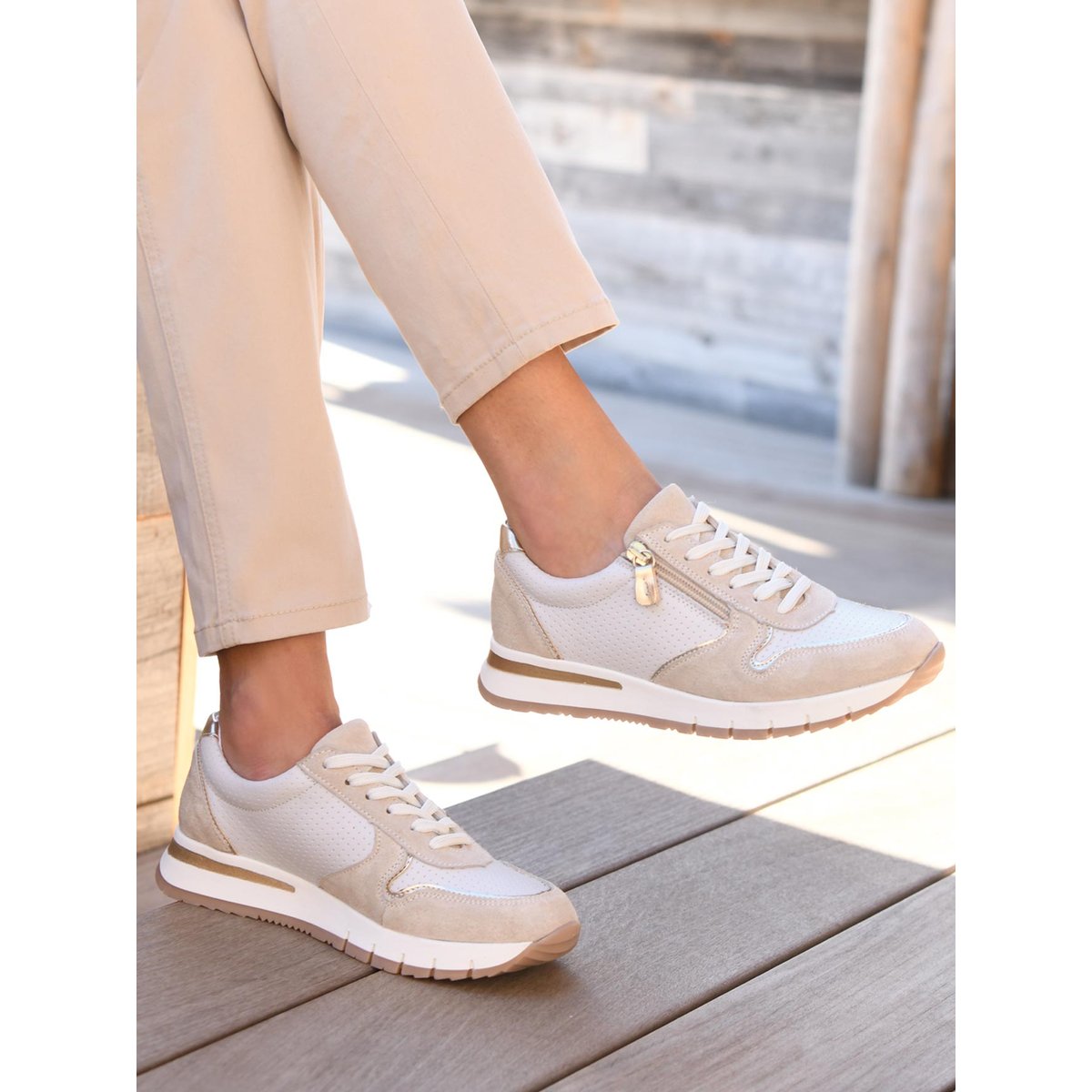Baskets fantaisie avec zip et lacets beige/doré, PEDICONFORT