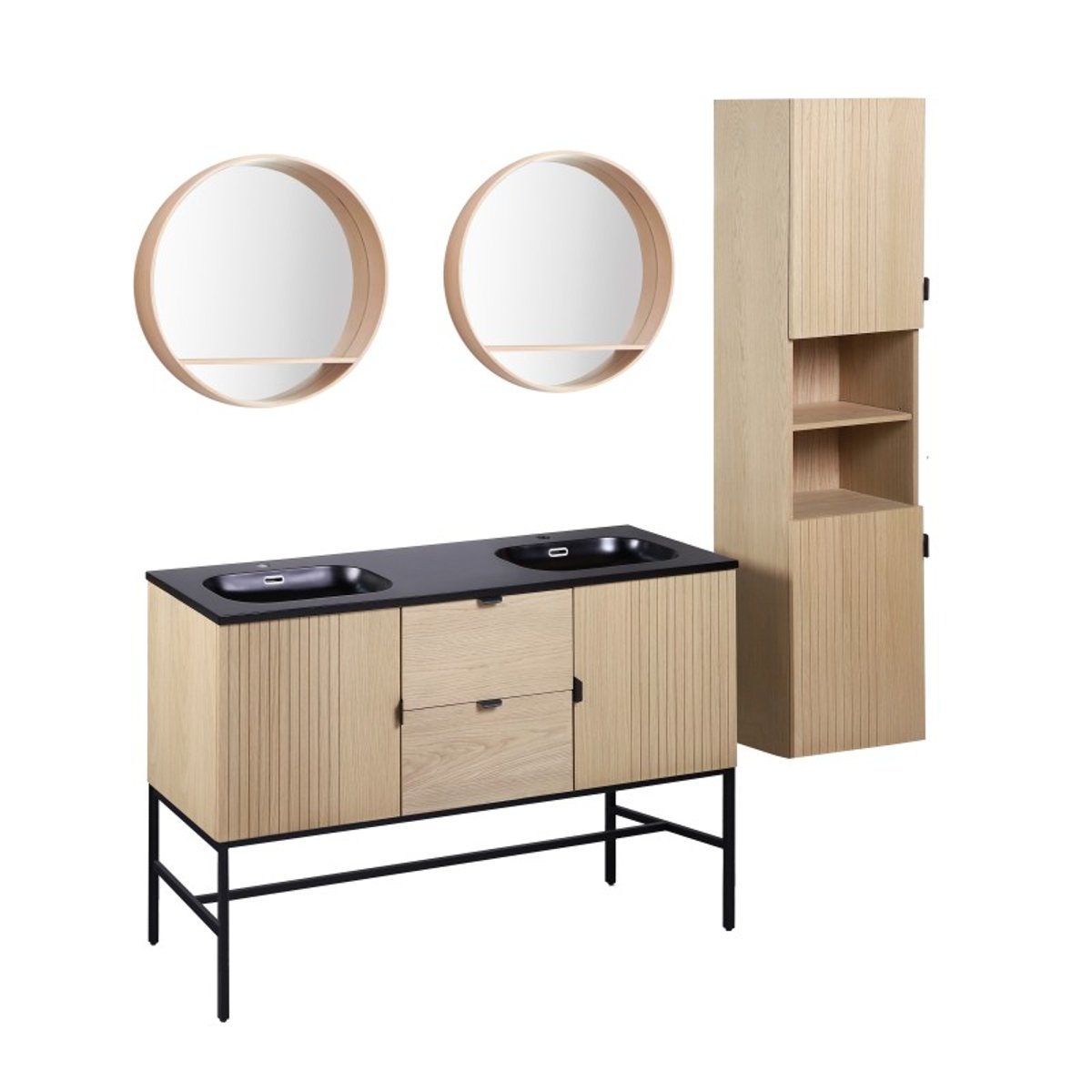Meuble double vasque + miroir +colonne STUDIO bois clair, MOB IN