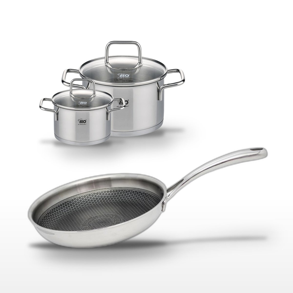 Batterie 1 poêle 28cm + 2 faitouts 14/20cm RELIEF EVOLUTION inox, ELO