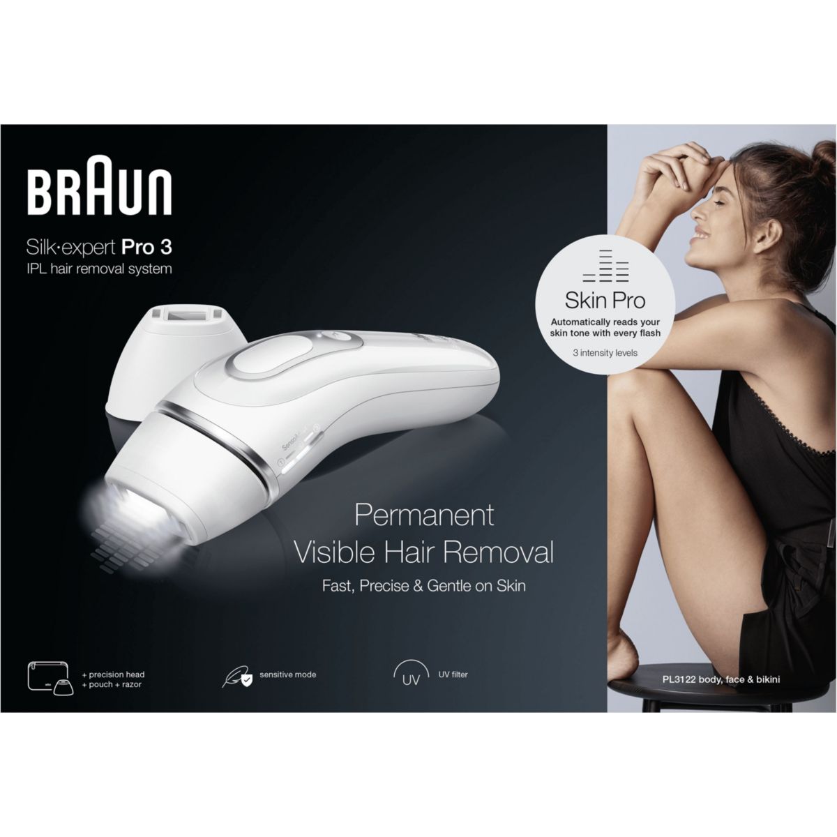 Epilateur lumière pulsée IPL PL3122 Silk-expert pro 3, 2 têtes, 1 rasoir Gillette Venus, pochette blanc, BRAUN