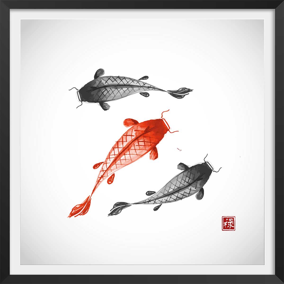 Affiche dessin carpes koï affiche + cadre en bois - noir, HEXOA