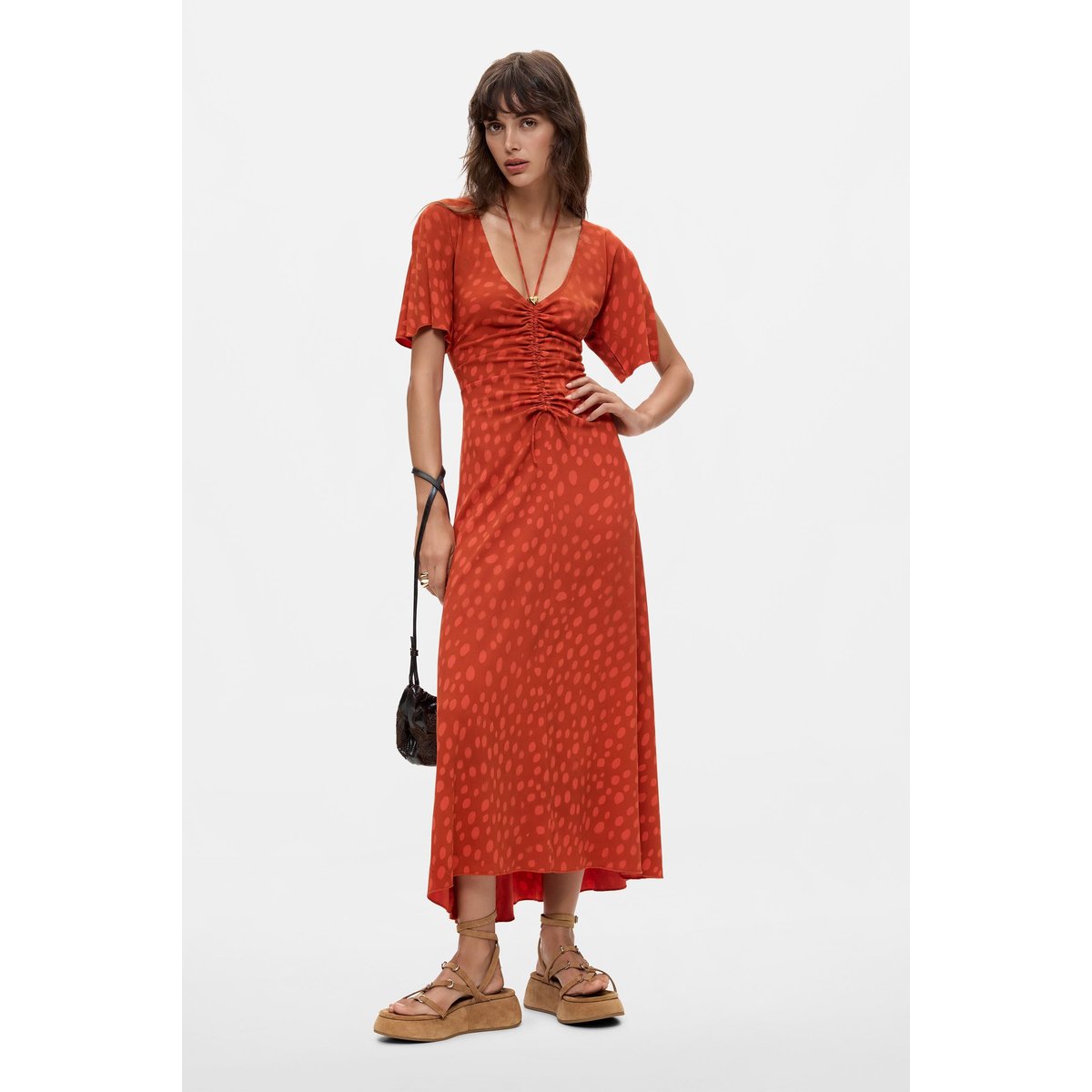 Robe midi à décolleté en V orange, DESIGUAL