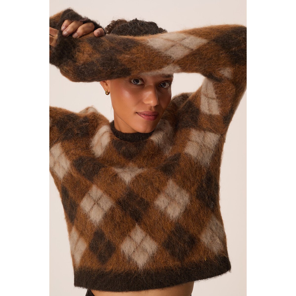 Karierter Pullover, Rundhalsausschnitt, COME braun, DES PETITS HAUTS