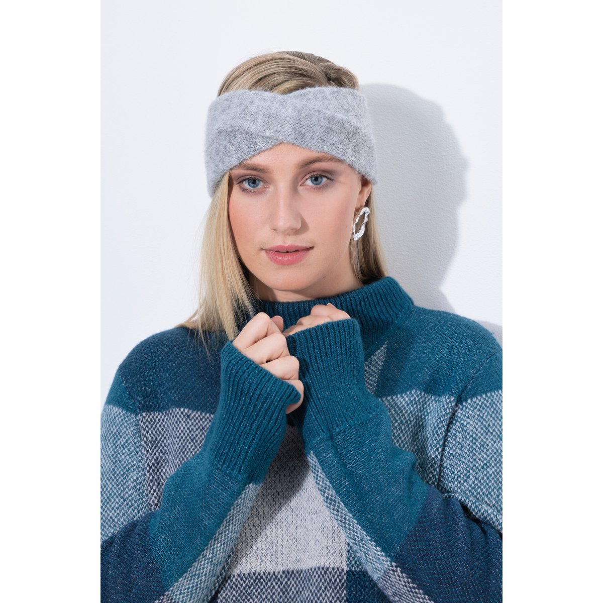 Bandeau drapé en maille côtelée douce gris clair chiné, ULLA POPKEN
