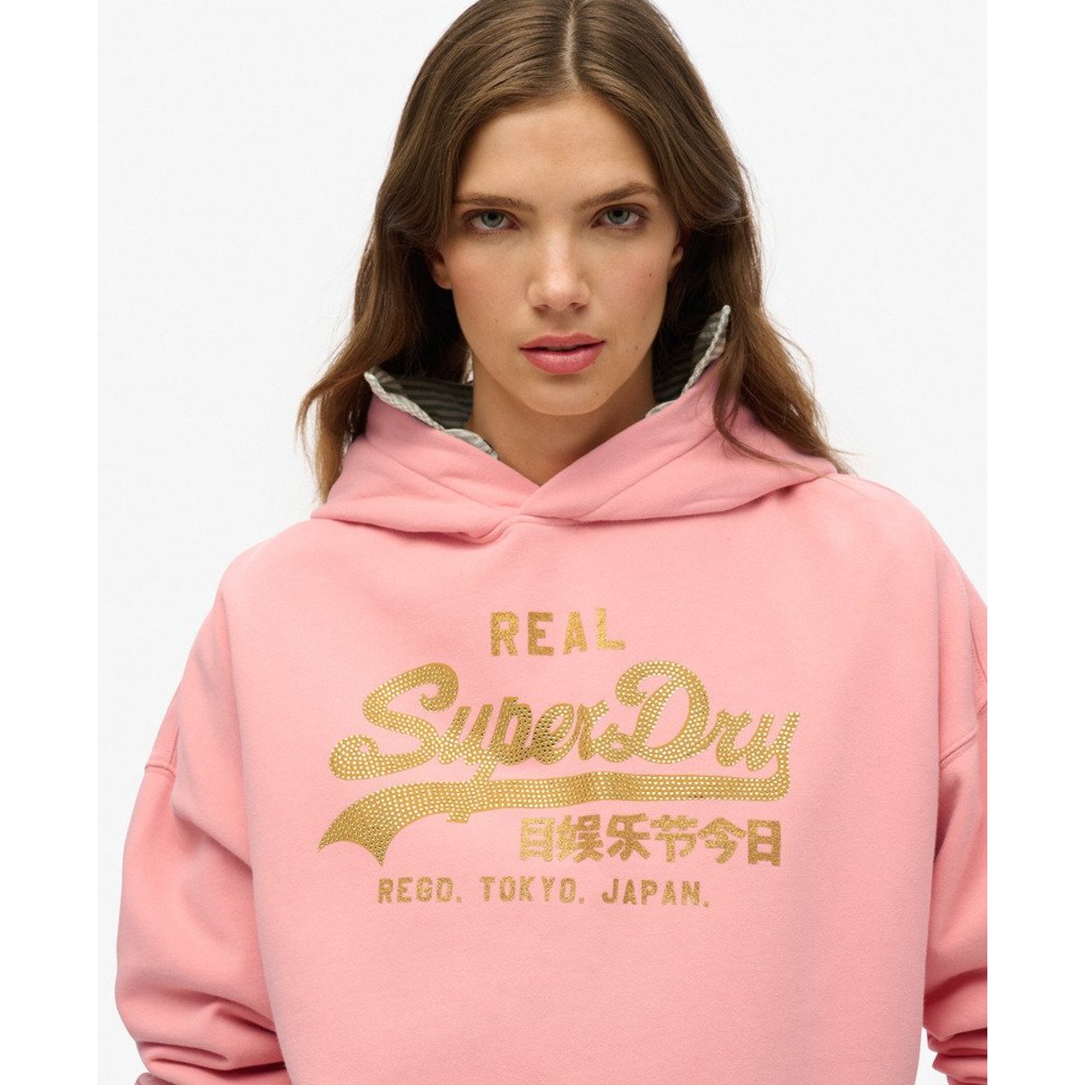 Sweat à capuche Vintage Logo strass ambre pêche, SUPERDRY