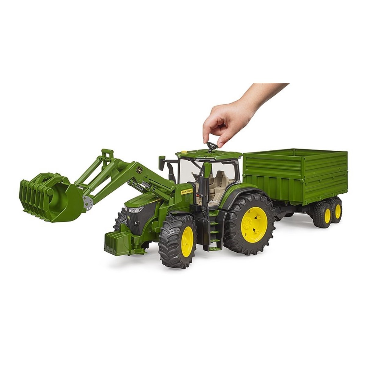 John Deere 7R avec chargeur avant et remorque avec attelage tandem vert, BRUDER