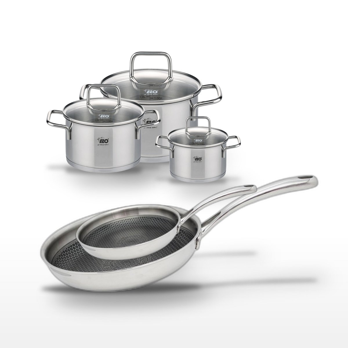 2 poêles 24/28cm + 3 faitouts 12/16/20cm RELIEF EVOLUTION inox, ELO