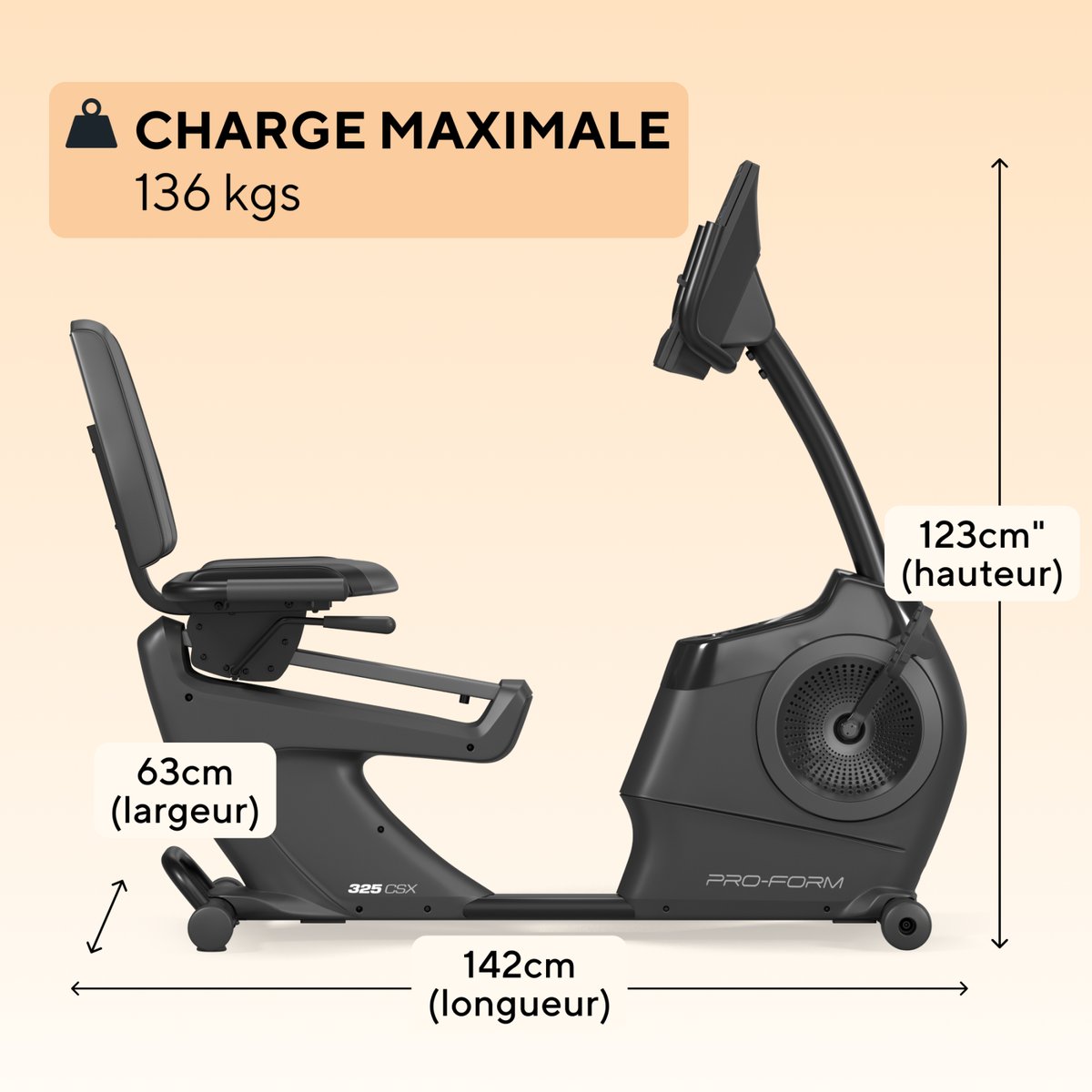 Vélo d'appartement Semi Allongé 325 CSX / 22 niveaux de résistance noir, PROFORM FITNESS