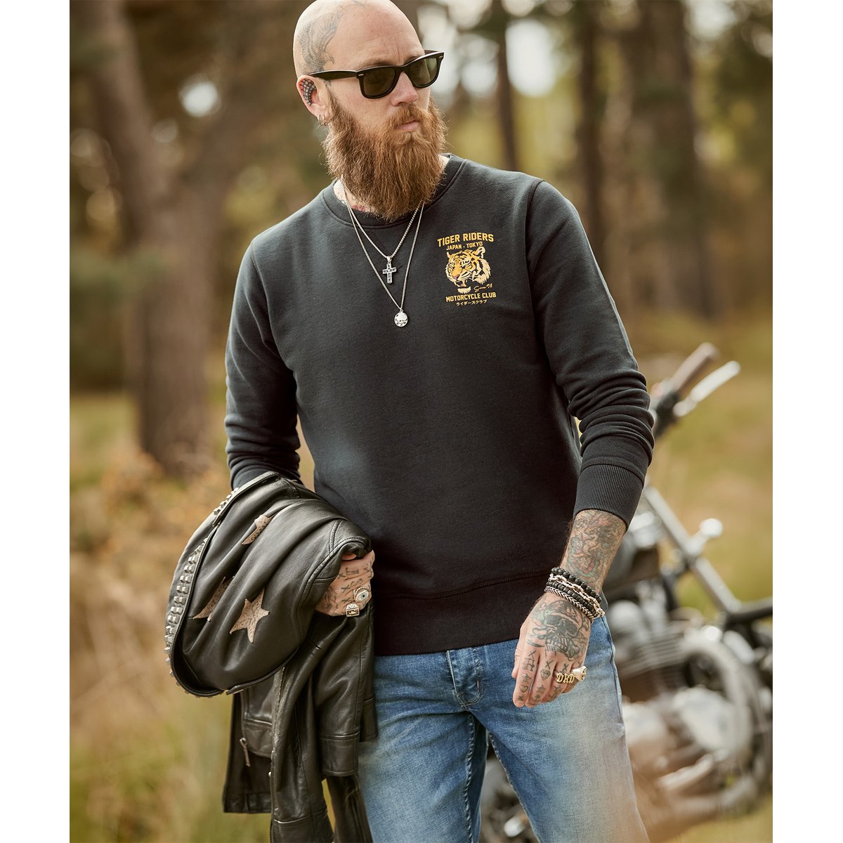 Sweat Col Rond Imprimé Dos Tiger Riders noir, JOE BROWNS