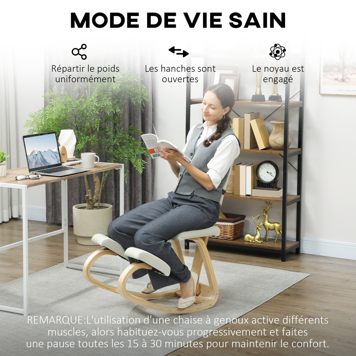 Chaise à genoux Bois de bouleau Crème crème, HOMCOM