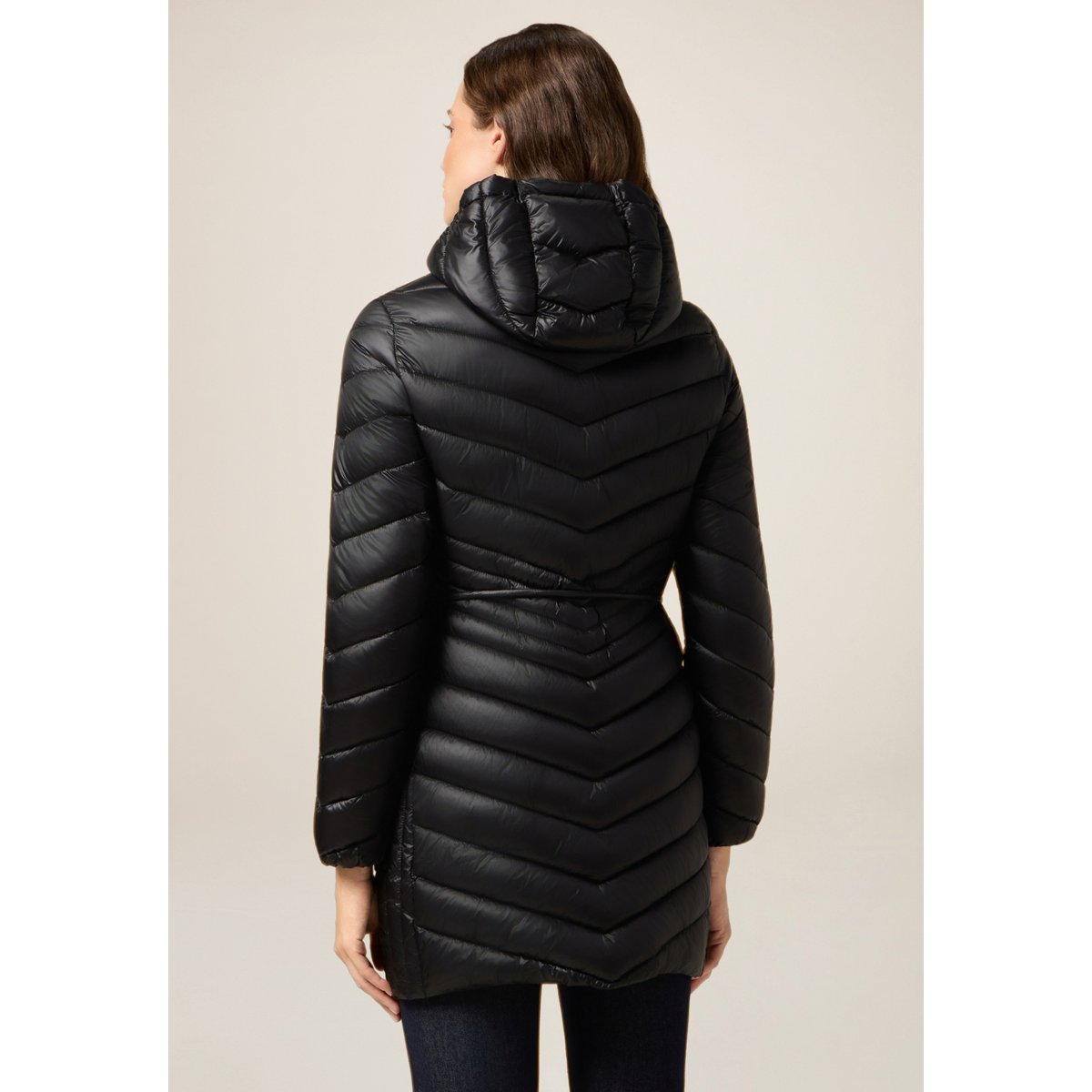 Doudoune mi-longue à capuche avec ceinture noir, OLTRE
