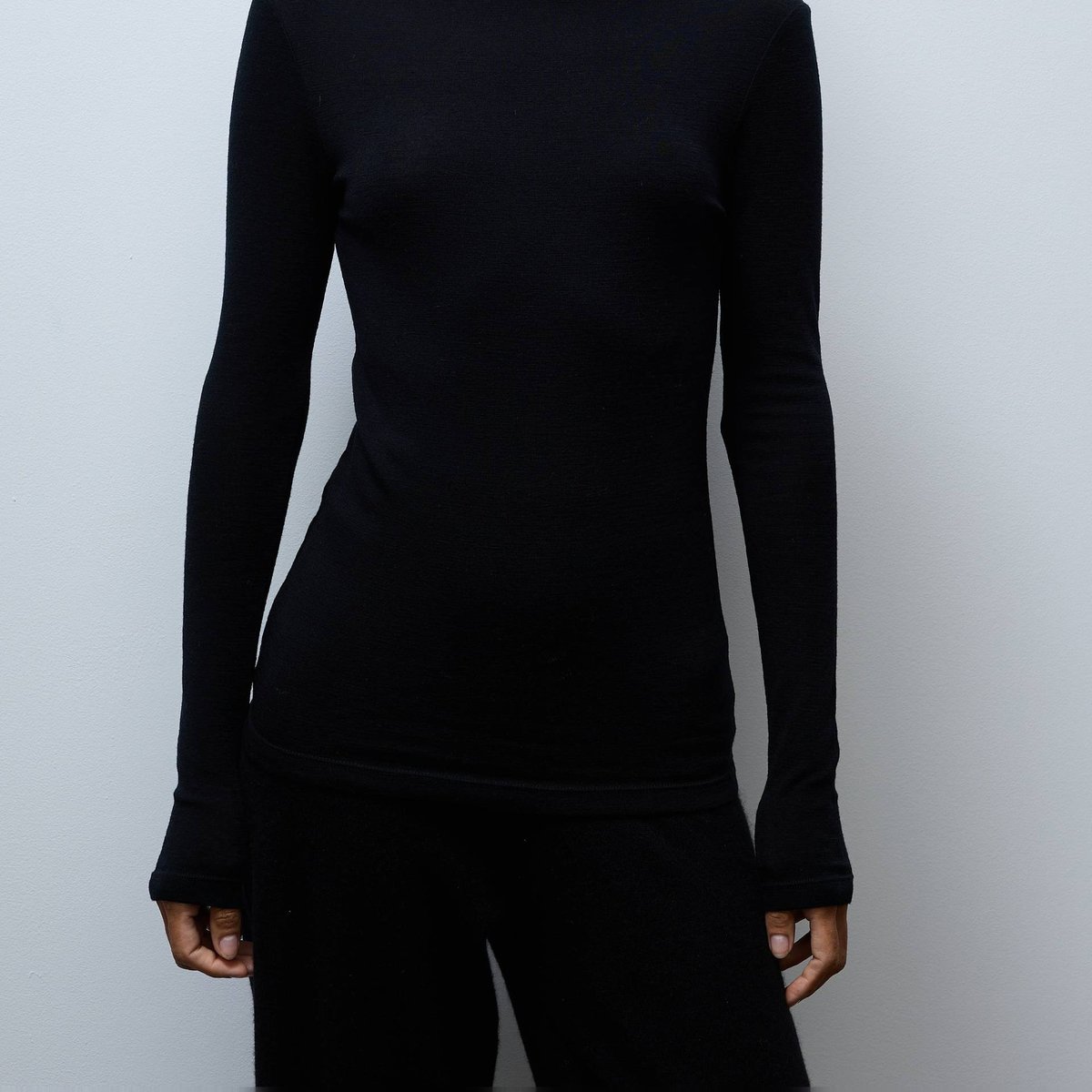 T-shirt manches longues col montant en laine mérinos noir, MONOPRIX