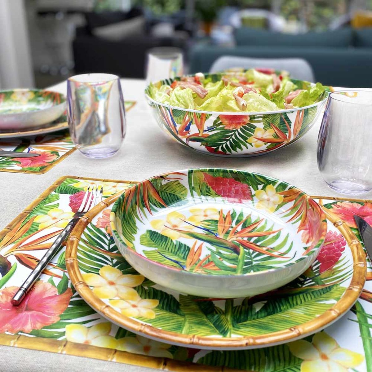 Assiette creuse mélamine Fleurs Exotiques 20 cm vert, orange, LES JARDINS DE LA COMTESSE