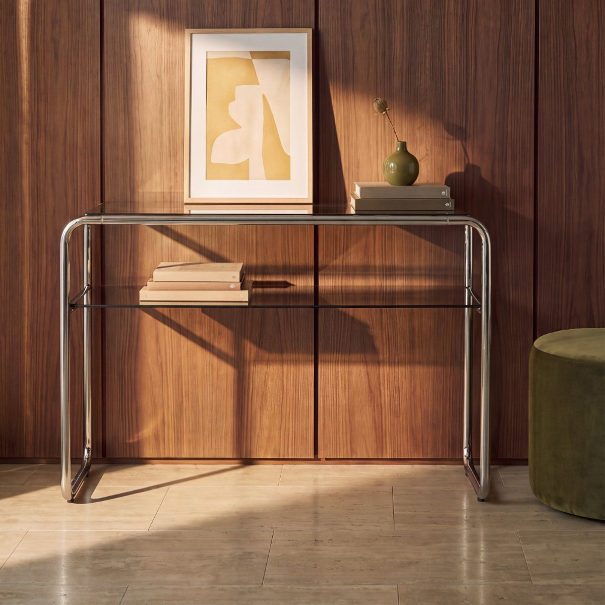 Console en verre et pieds chrome L 120 cm- DELIO verre ambré, DRAWER