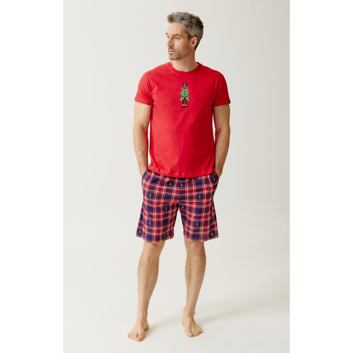 Pyjashort en jersey de coton léger à carreaux Léon rouge, ARTHUR