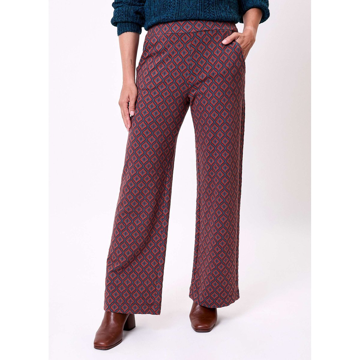 Pantalon ample maille jaquard recyclée PALMERO marron bleu, PRINCESSE NOMADE