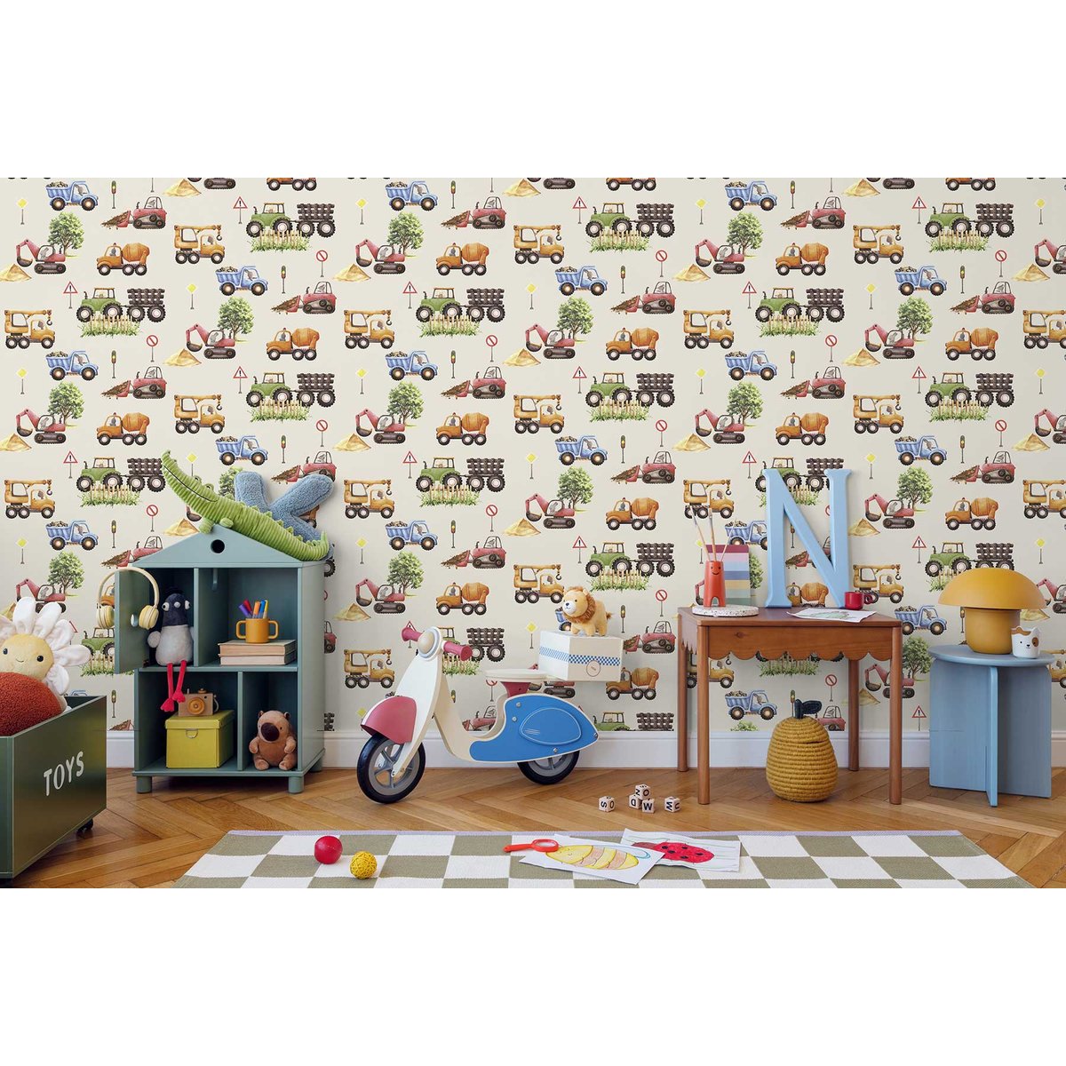 Papier peint engins de chantier animaux enfant beige, HEXOA