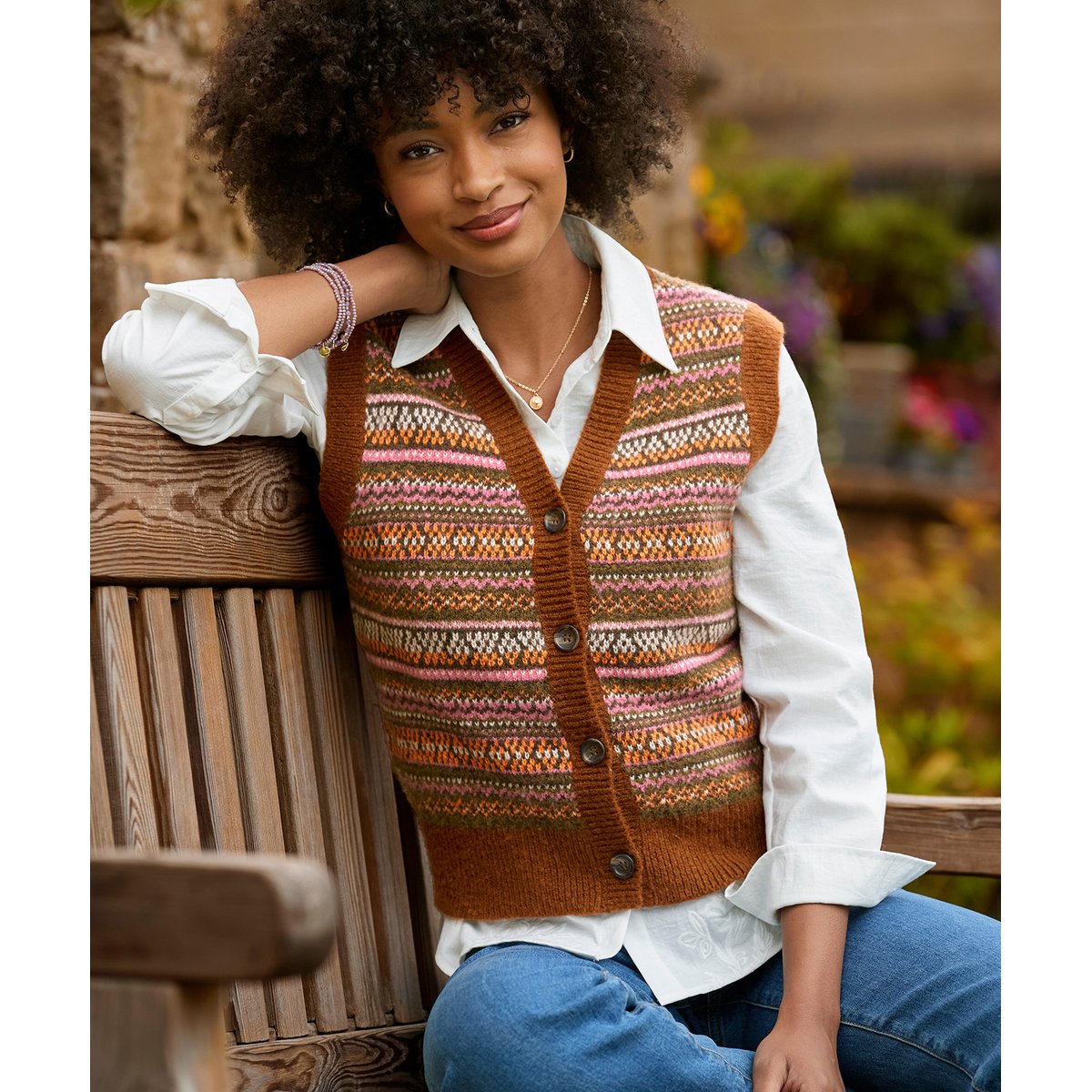 Pull Sans Manches en Maille Jacquard Fair Isle Boutonné Jours d'Automne marron, JOE BROWNS