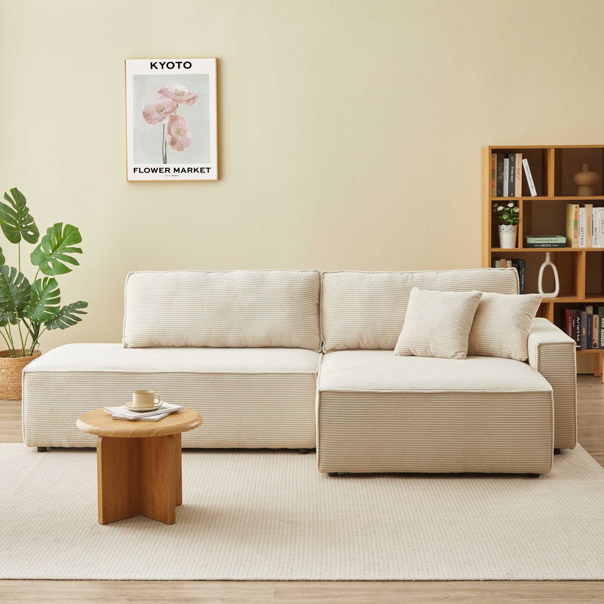 Canapé d'angle droit convertible velours ZOLA beige, BAÏTA