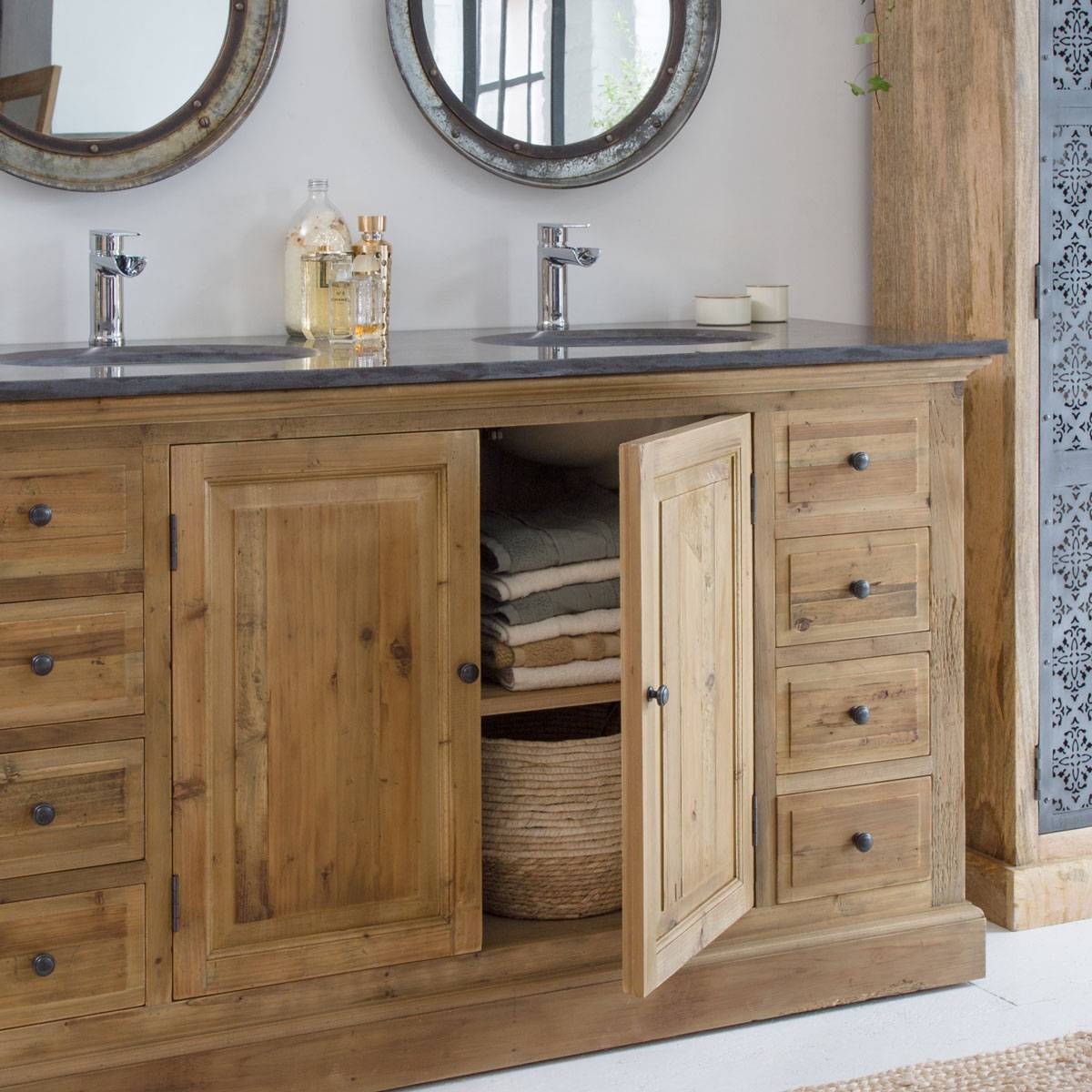 Meuble sous vasque en bois recyclé AMBRE bois clair, MADE IN MEUBLES 