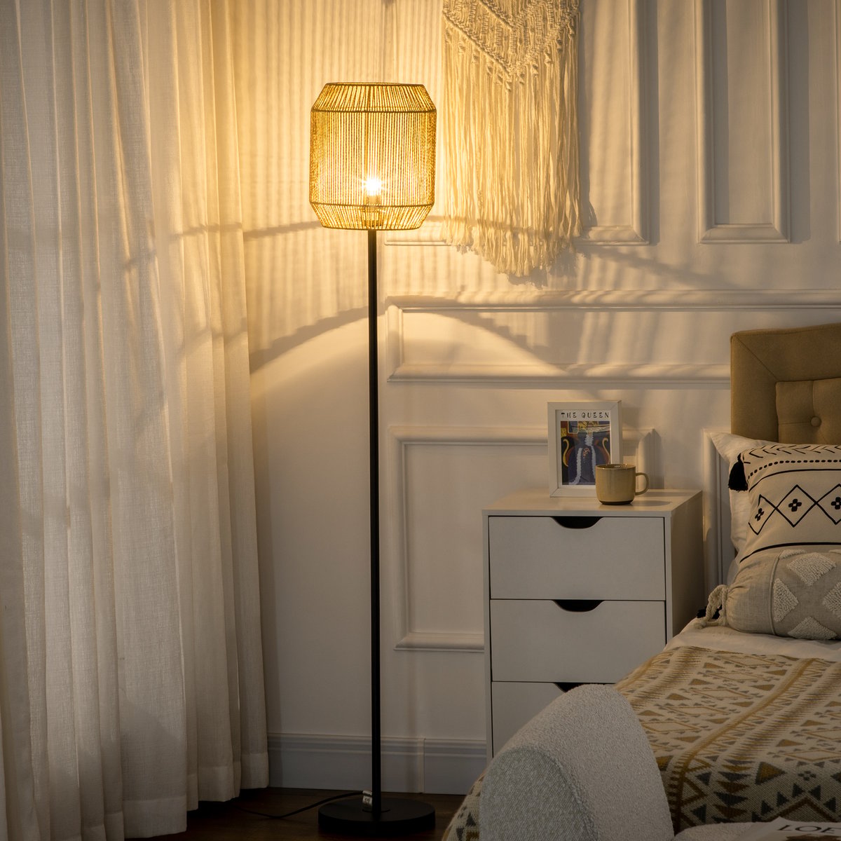 Lampadaire Ficelle de papier Bois naturel noir, HOMCOM