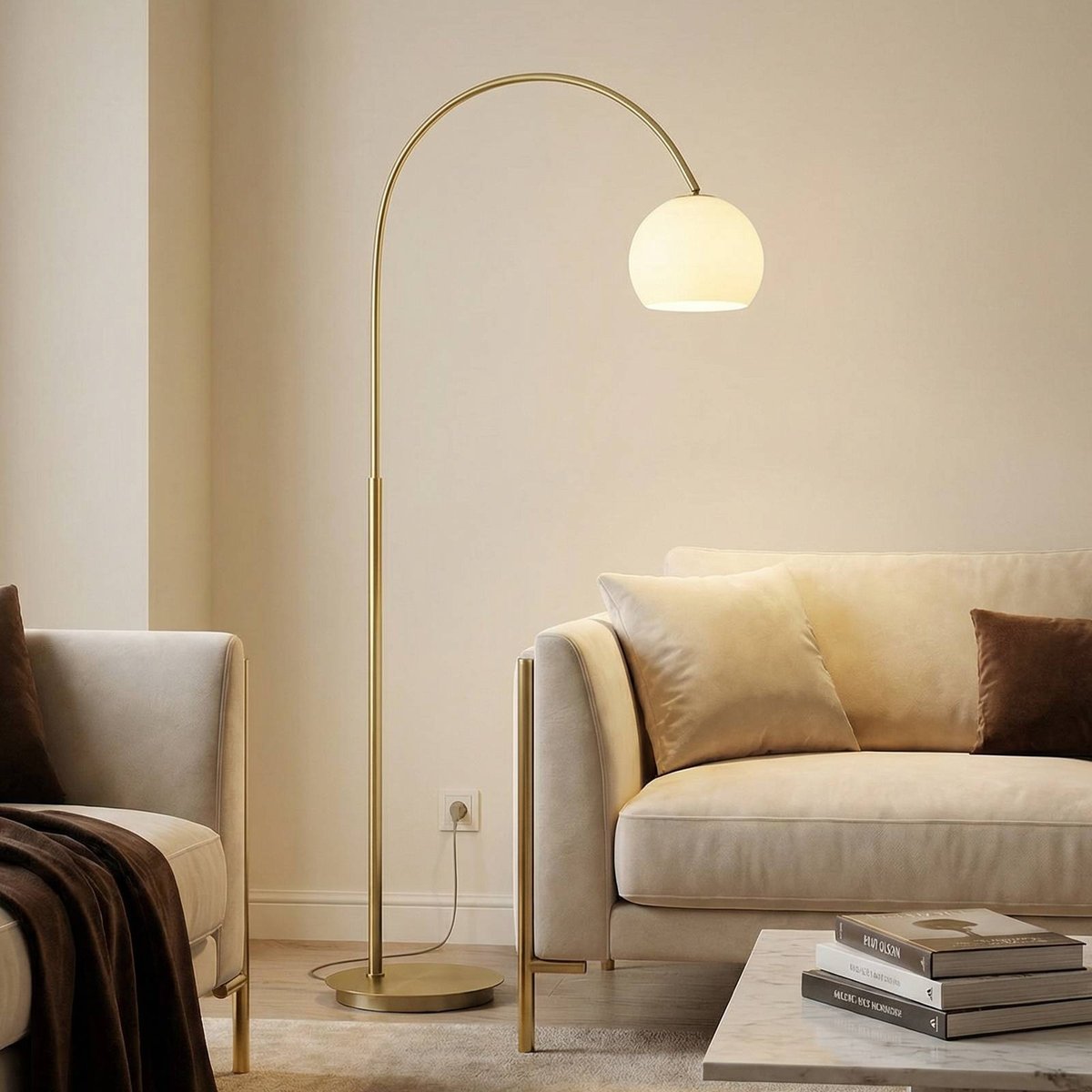 Lampadaire en verre moderne, Cynthia laiton mat, blanc opale, LINDBY