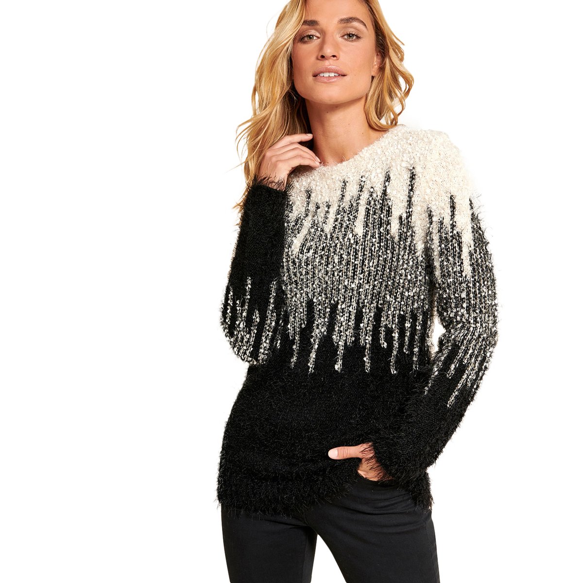 Pull graphique maille poilue noir, DAMART