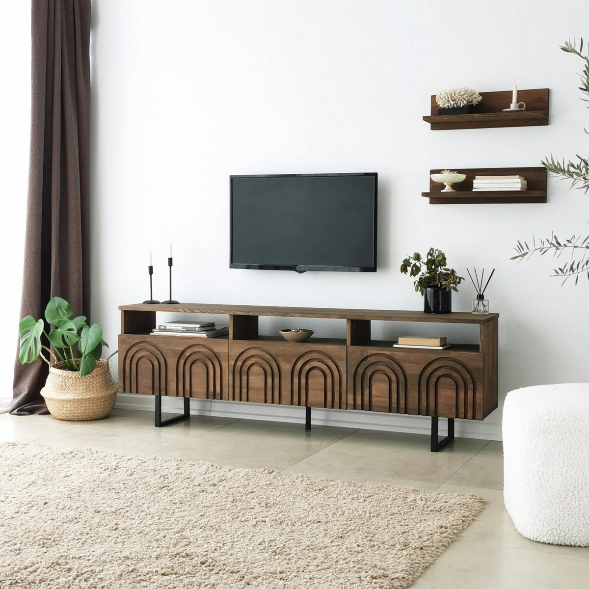 Meuble TV bois brun motif arches avec 2 étagères JACA bois naturel, PIER IMPORT