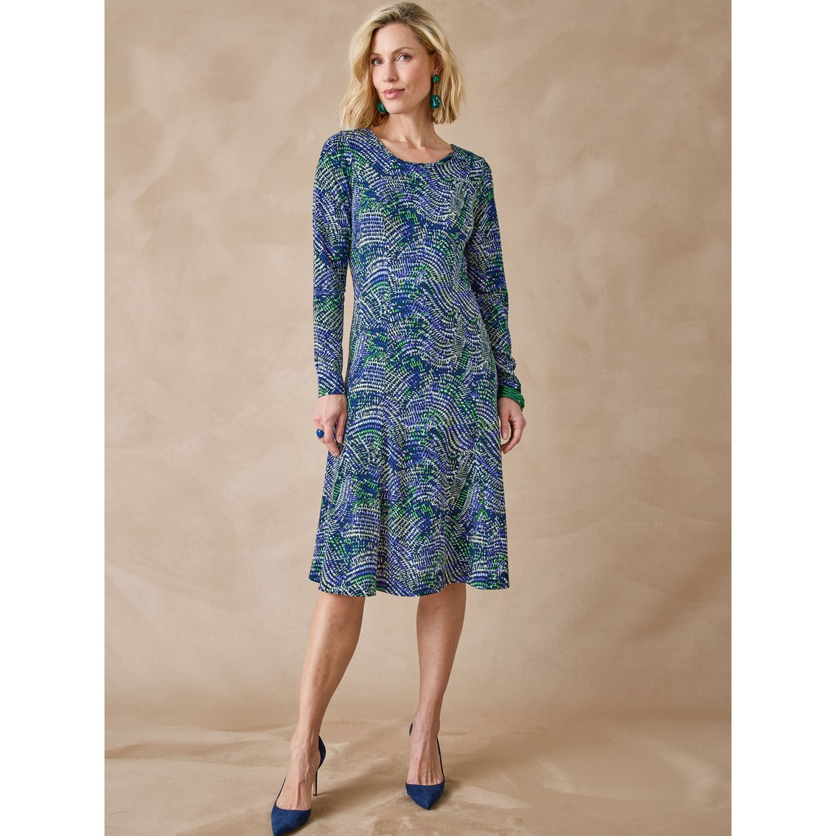 Robe fluide manches longues imprimé bleu, DAXON