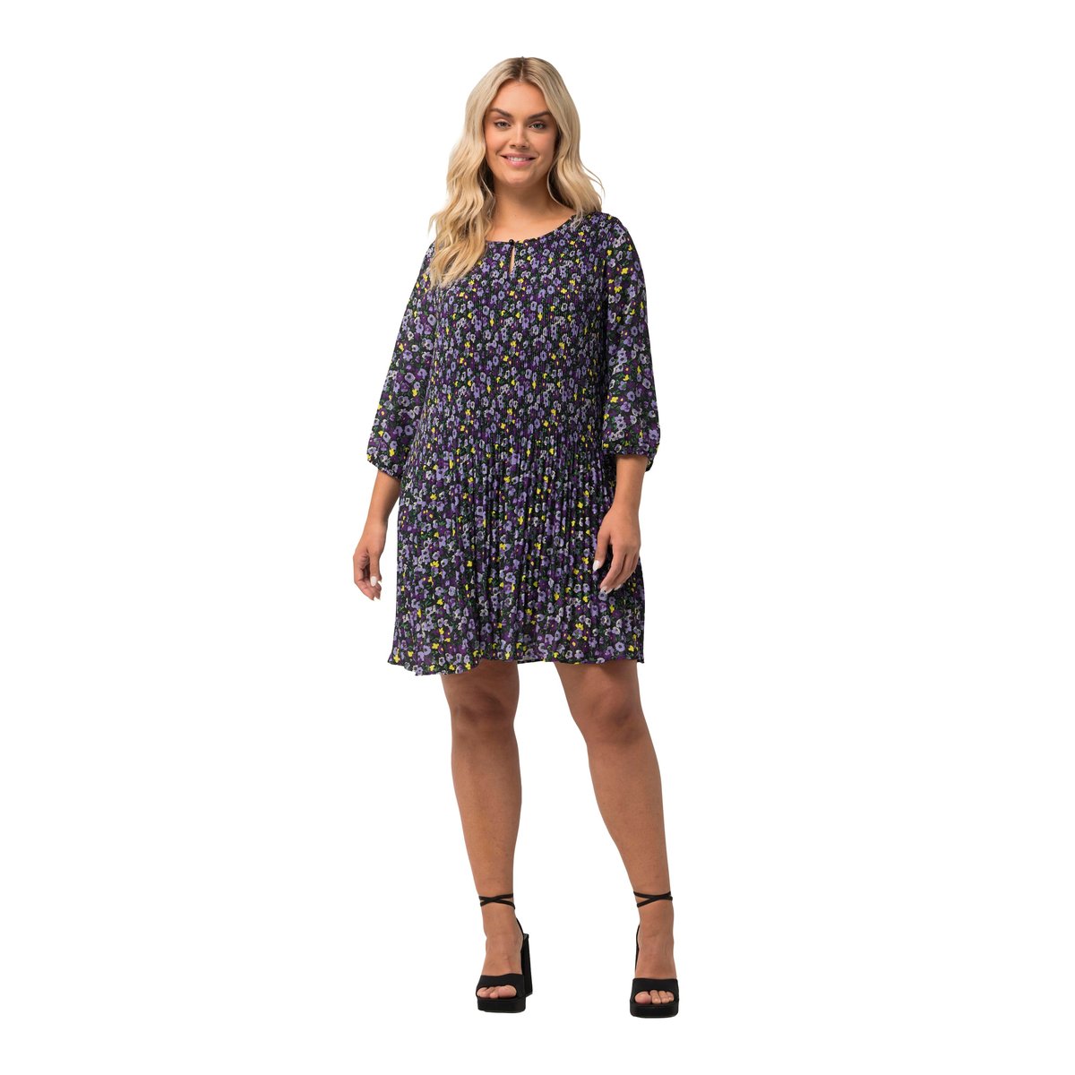 Robe courte plissée, fleurs, col rond noir, ULLA POPKEN
