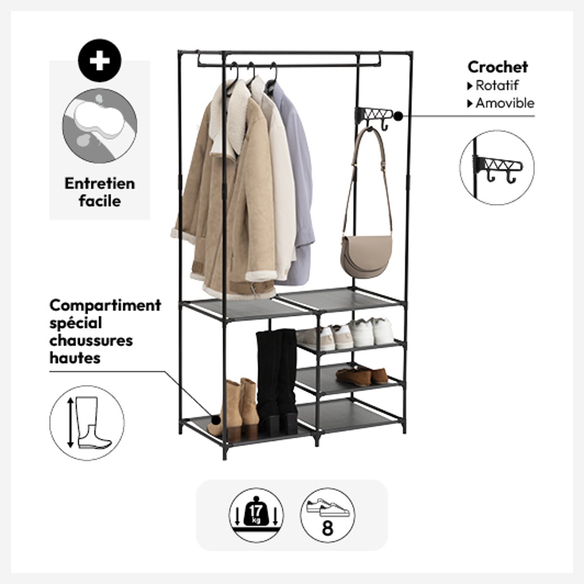 Portant à vêtements 4 niveaux en métal INTISSA noir, 5FIVE SIMPLY SMART