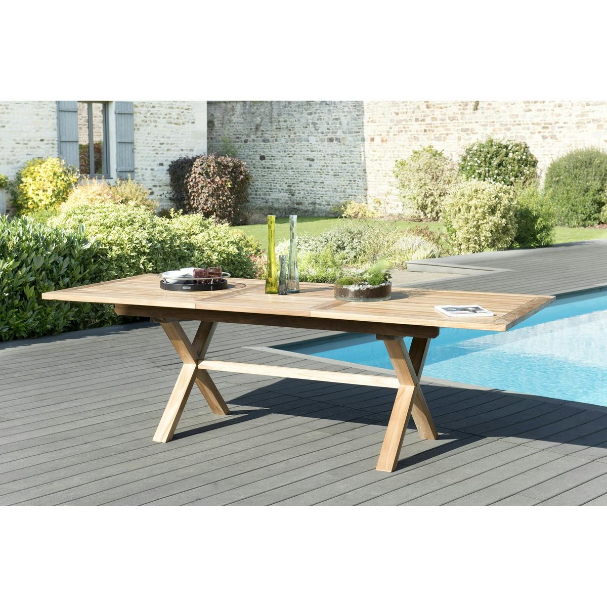 Table de jardin extensible rectangulaire tréteaux en bois de teck massif 180/240x100cm SUMMER 10 personnes bois naturel, PIER IMPORT