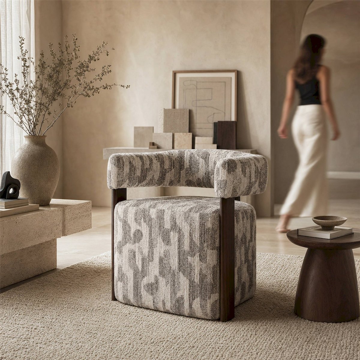 Chaise contemporaine à motifs imprimés gris imprimé et frêne brun, RECOLLECTION