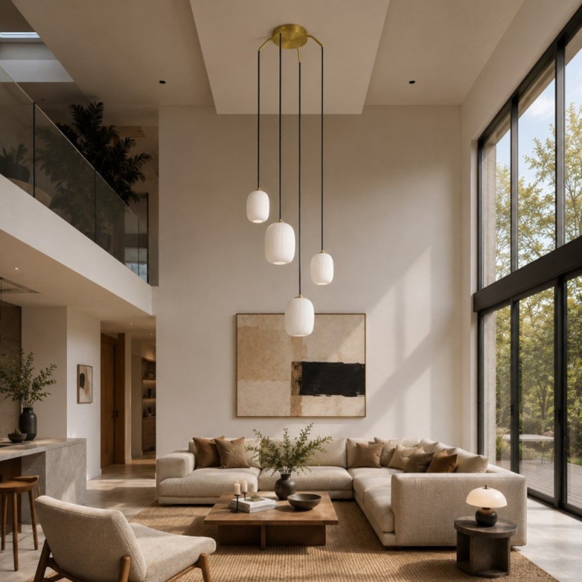 Suspension 4 lampes verre opale cannelé Jap laiton laiton, MILLUMINE