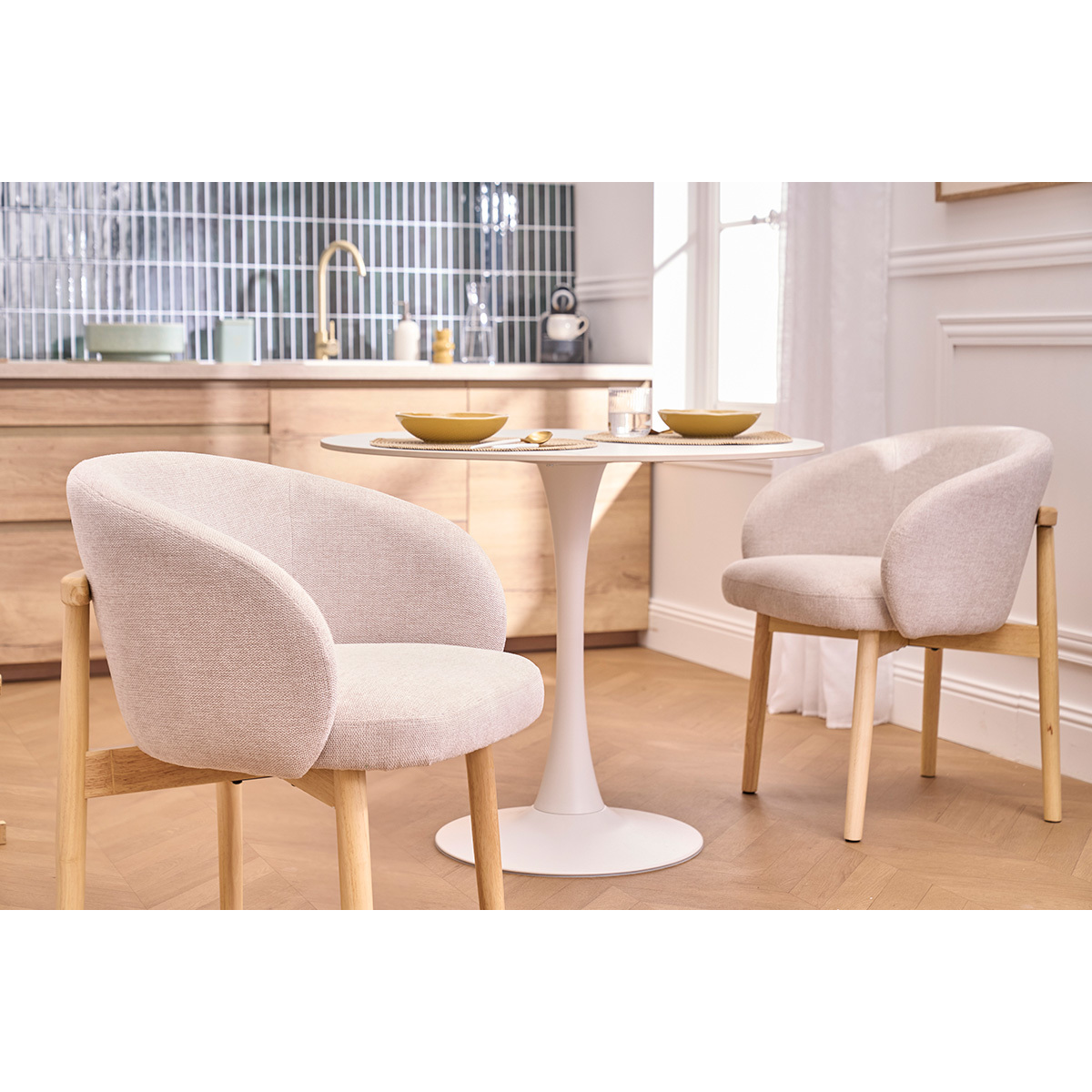 Chaises en tissu effet velours texturé beige et bois clair (lot de 2) TORVI beige, MILIBOO