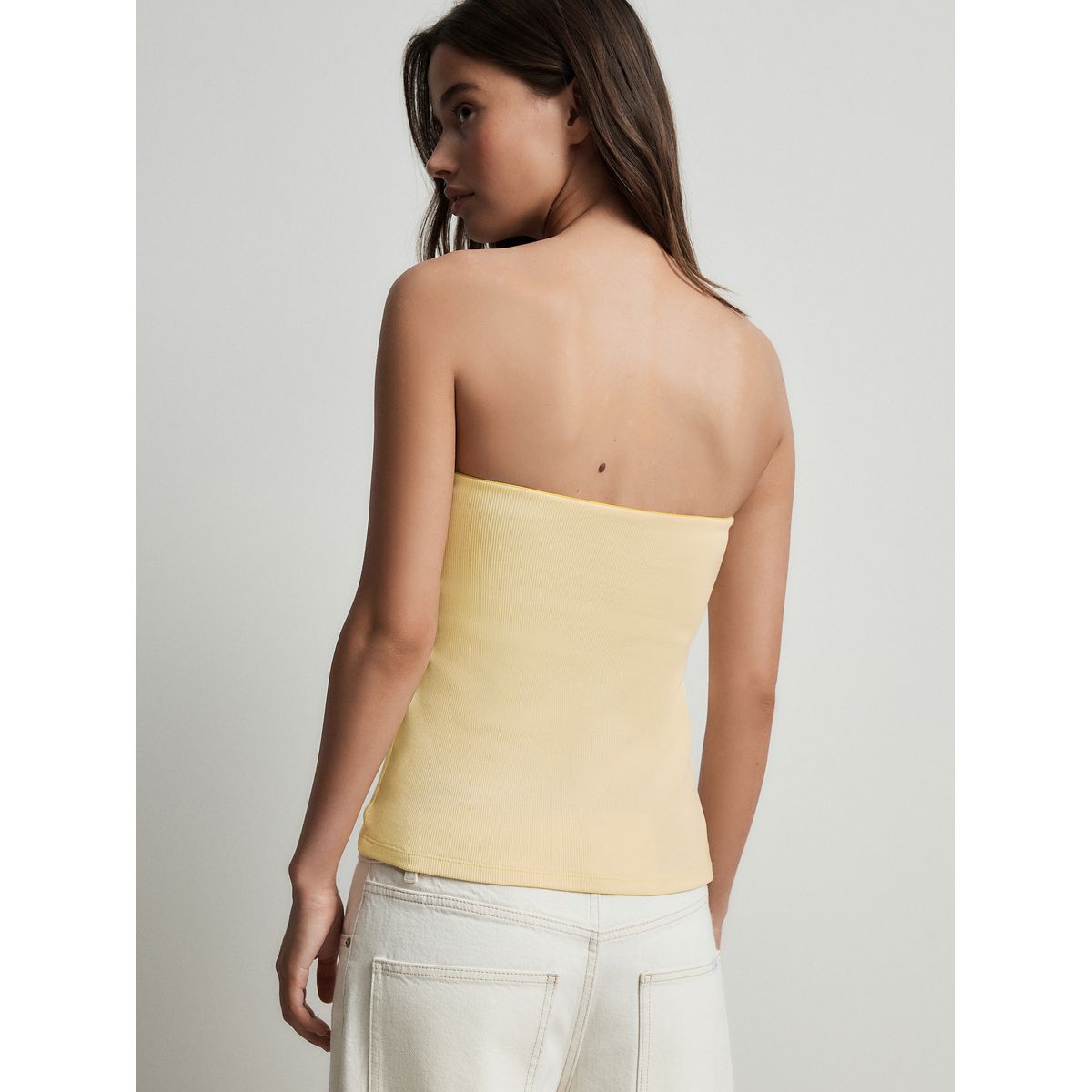 Top bandeau coton côtelé soutien intégré vert/jaune, NEXT