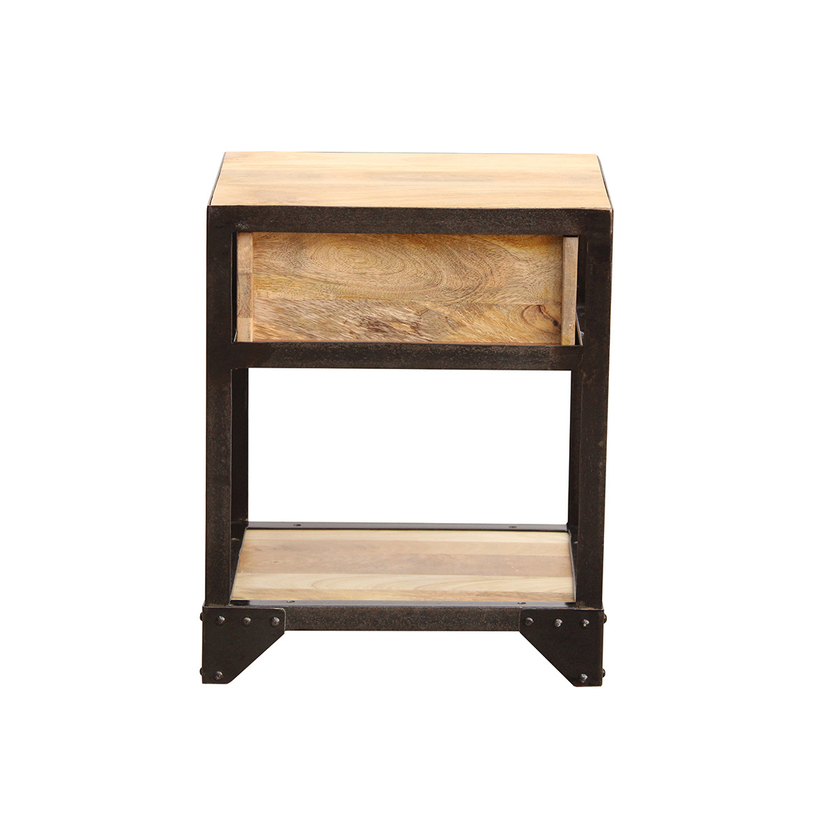Table de chevet avec tiroir industrielle en bois manguier massif INDUSTRIA bois clair / noir, MILIBOO