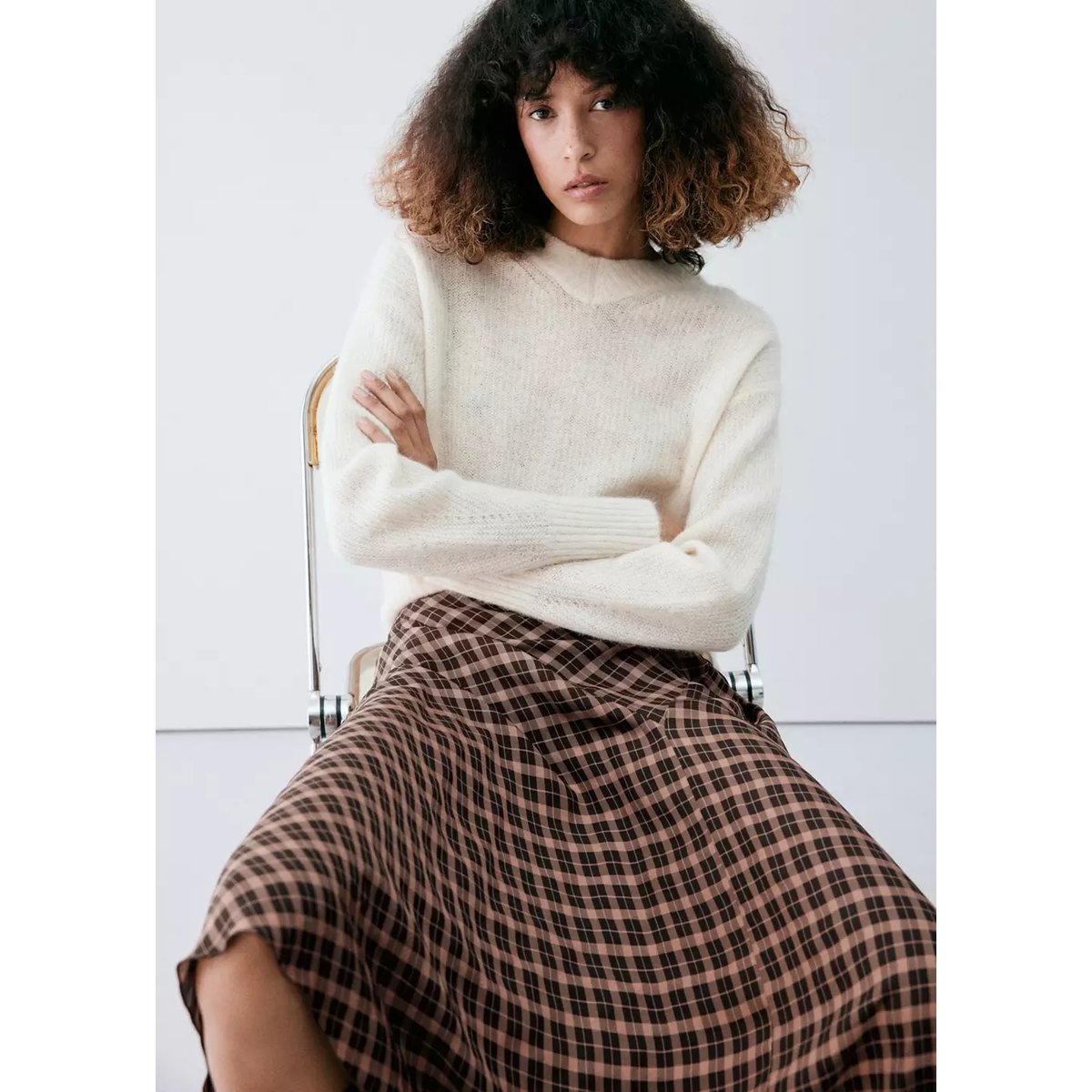 Jupe asymétrique carreaux marron, MANGO