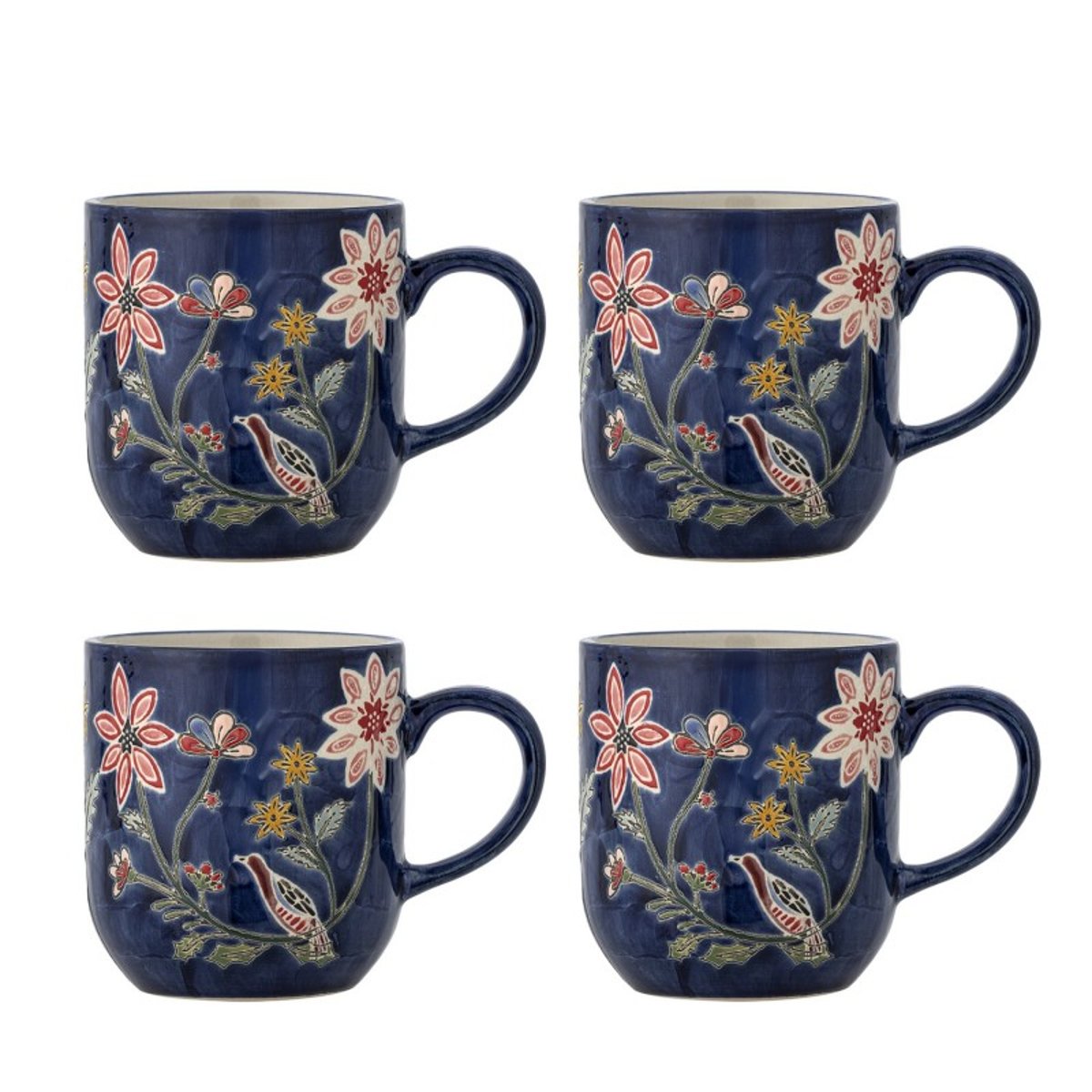 Mugs grès floral oiseau Meredith set de 4 multicolore, BLOOMINGVILLE